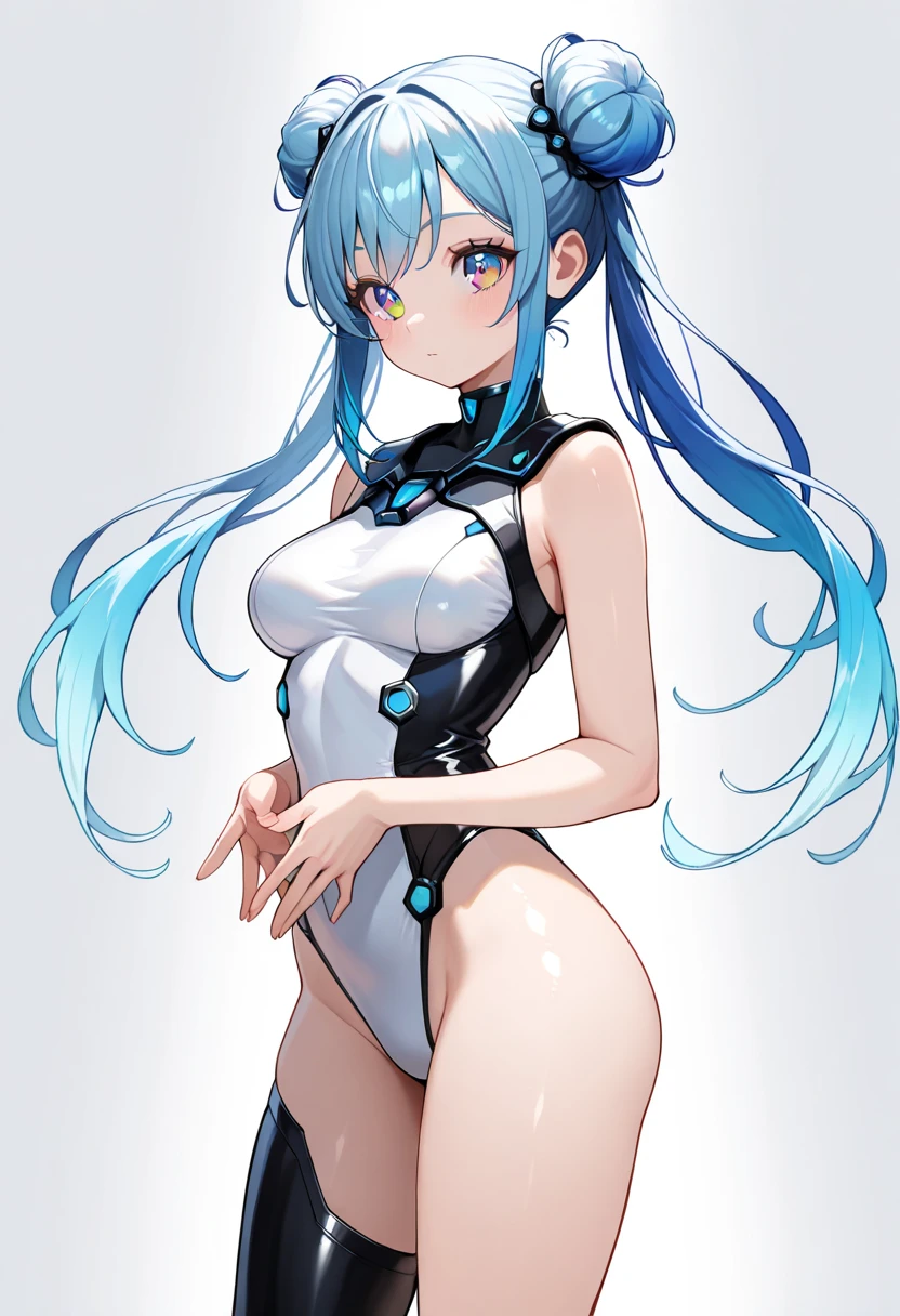 1girl,solo,cowboy shot,standing,(pastel blue hair:1.6),(short hair:1.2),hair bun, double bun, twintails, hair ornament, blunt bangs,(orange eyes:1.4),(beautiful fingers:1.6),(perfect anatomy:1.6),(arms_behind_back:1.6),(cold_shoulder:1.2),BREAK,(pastel_blue_one-piece_swimsuit:1.6),(lace glossy silk lamé:1.4),(latex luster shiny glossy:1.6),(shiny_clothes:1.6),medium breasts,beautiful breasts,masterpiece,best quality,(Ultra high definition eyes:1.2),8k,(Beautiful detailed eyes:1.2),(Fine and beautiful eyes:1.2),(pretty eyes:1.2),finely detail,extremely CG, absurdres,high resolution,illustration,Detailed and beautiful outlines,finely detail,high resolution,(colorful refraction:1.4,Increase saturation:1.2),beautiful lighting,dynamic lighting,closed room,black background,(simple background), smile,looking at viewer,tao, pastel blue dress,(white Clear PVC sheets sleeves:1.4),(sheer sleeves:1.4),(see-through sleeves:1.4),(wide sleeves:1.2),(pastel blue thigh boots:1.4)