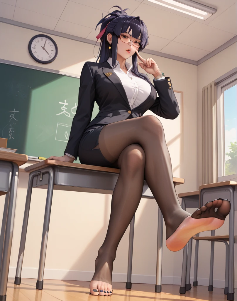 2d, masterpiece, best quality, anime, highly detailed, 1girl, solo, monika, green eyes, very long hair, ponytail, school uniform, straight-on, smile, (full body:1.5), giantess, smile, (from below:1.5), thick thighs, looking down at viewer, upskirt, (large breasts:1.3), field, (looming:1.3), mature female, high quality, hd quality, masterpiece, photorealistic, (presenting foot, shoe soles, close-up foot:1.3), intense angle, :d, (sitting on desk:1.6), very low angle, female pervert, toragao, (sitting:1.5), (white undershirt, orange sweater:1.2), (brown jacket:1.4), (absolute territory, black thighhighs:1.4), (uwabaki:1.5), full body in frame, (classroom, indoors:1.3), clasroom desk, blue skirt, (hand on desk:2), (one hand at side:1.6), (licking lips, licking own lips:1.1), (sweat:1.2), anime girl sitting on a desk with her legs crossed, hyperrealistic schoolgirl, realistic schoolgirl, a hyperrealistic schoolgirl, seductive anime girl, smooth anime cg art, thighs close up, thighs!!!, beautiful anime girl squatting, commission for high res, large thighs, extremely detailed artgerm, sitting on a desk, on a desk