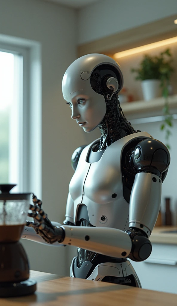 "A sleek, modern humanoid robot is sitting at a plain, light-colored table. The robot has one hand on its cheek, looking thoughtful and slightly bored, while gently tapping the table with its other hand. The robot has expressive eyes and a human-like face, with metallic features and visible joints. The background is neutral, like a plain wall, to keep the focus on the robot. The overall mood of the image is contemplative and slightly impatient."