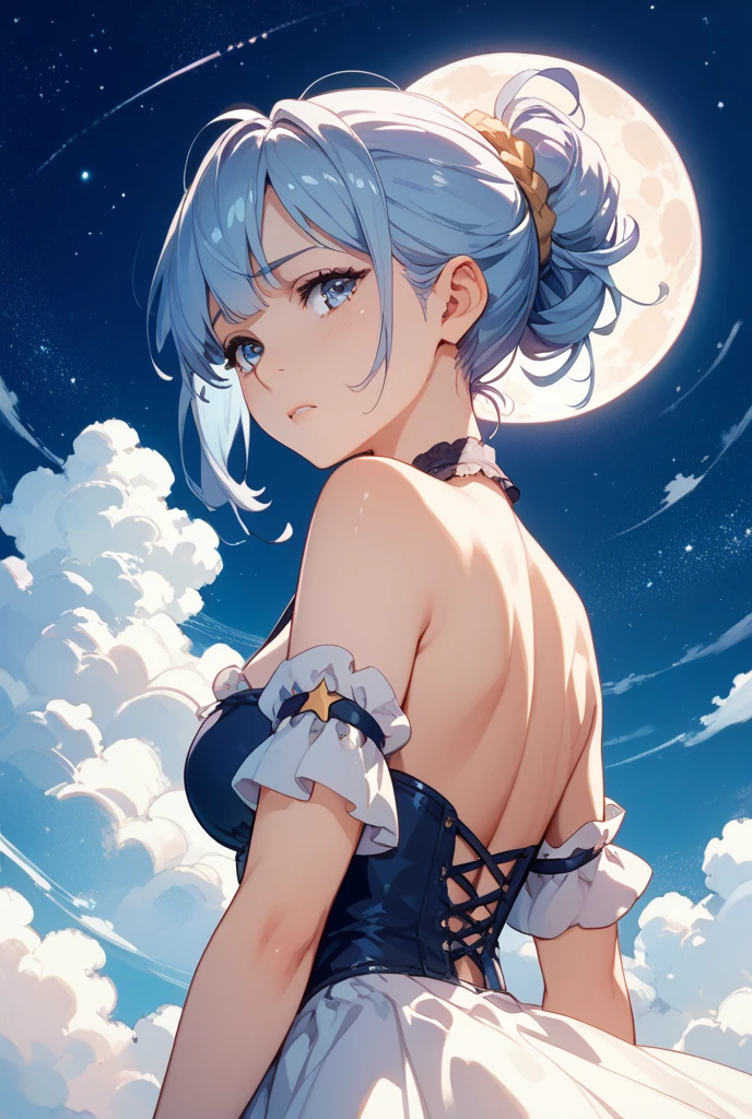 (masterpiece:1.3), (best quality:1.3), high-resolution, 
watercolor pencil, 

sideboob, upper body, 
arms_behind_back, 

(cute1girl:1.3), solo, 
white skin, small Breast, eight-headed person, 
light blue hair, (blue gradiient hair:1.1), very short hair, blunt bangs, beautiful hair, blue eyes, beautiful detailed eyes, 

(tongue out:1.4), open mouth, seductive smile, embarrassed, heart, 

frilled_dress, detached sleeves, Simple Costumes, pencil skirt, earrings, 

Starry sky in beautiful detail, outdoors, 

shadowlighting,