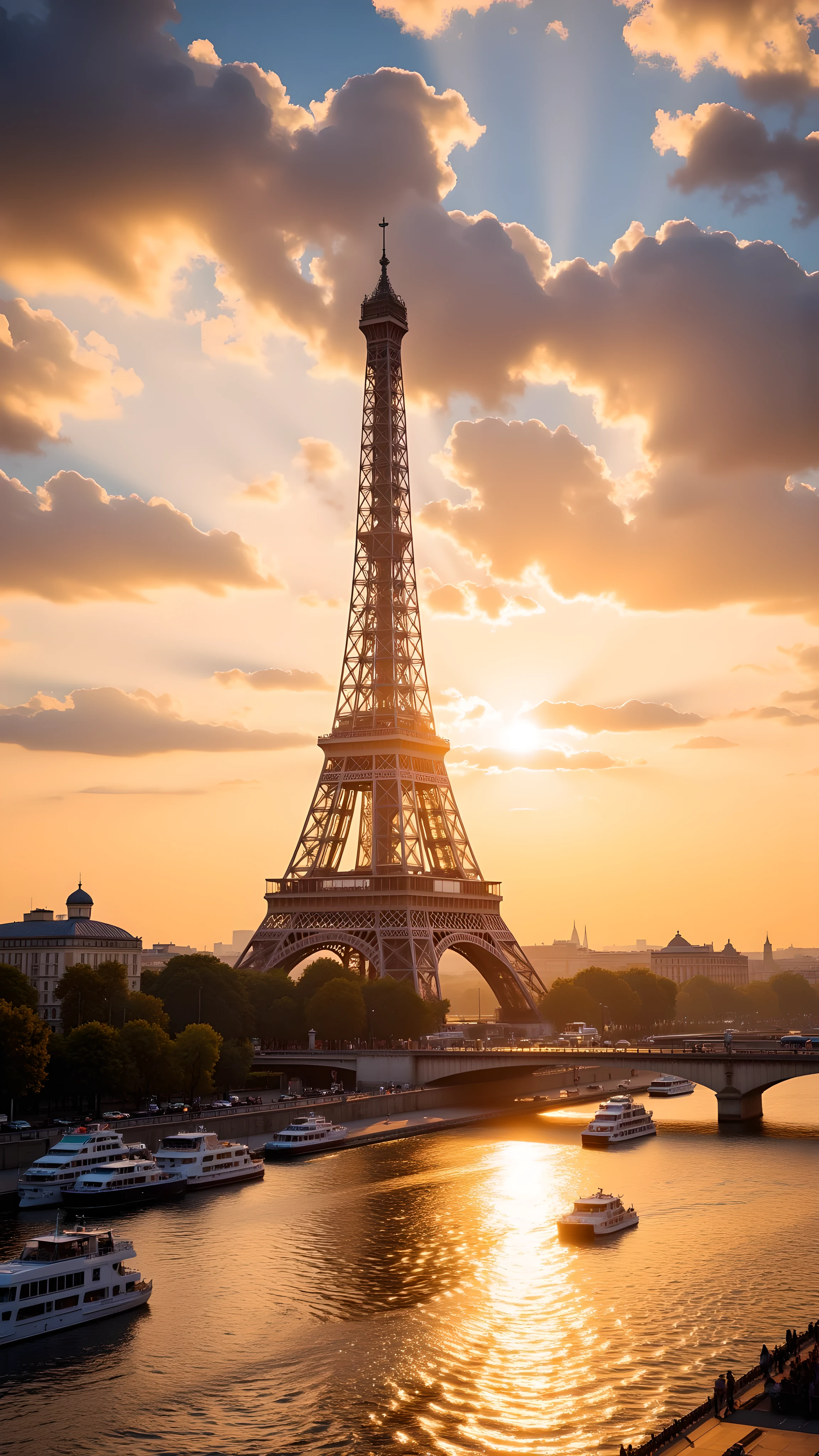 (Flux style), (Masterpiece), (Best quality), (High resolution), (Photorealistic), Eiffel Tower in Paris, viewed from the Seine river, golden sunset sky, warm summer atmosphere, glowing reflections on water, detailed urban background, soft lighting, no people, travel magazine quality