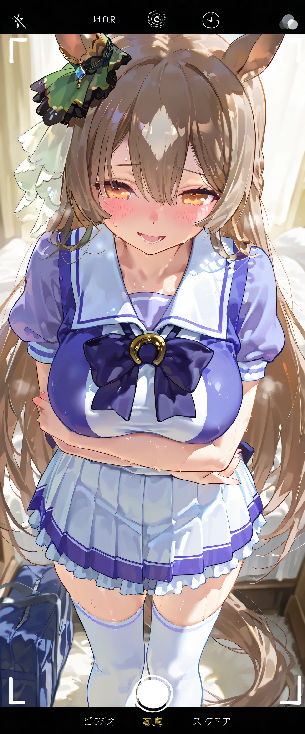 (masterpiece, finely detailed beautiful eyes: 1.2), ultra-detailed, ultra high res, professional lighting, high quality makeup, beautiful detailed eyes, Extremely cute, (extremely detailed beautiful face), (Authentic skin texture:1.4), very aesthetic, latest, scenery (delicate), Volumetric Lighting, depth of coverage, shiny skin, (dynamic angle for women, front view), (smart phone's camera frame), motel bed room, Satono Diamond \(Uma Musume\), horse ears, horse tail, (1 ultra super extremely cute junior high school student girl), (large breasts:1.1), drooping eyes, (blush:1.4), (sweat:1.2), (steam), (slender body, slender stomach:1.1), long hair, (erect nipples:0.8), (summertracen, tracen school uniform, purple shirt, purple bow, horseshoe ornament, puffy short sleeves, white skirt, white thighhighs), school bag, clothed, (from above), (shy), smile, open mouth, (arms under breasts)