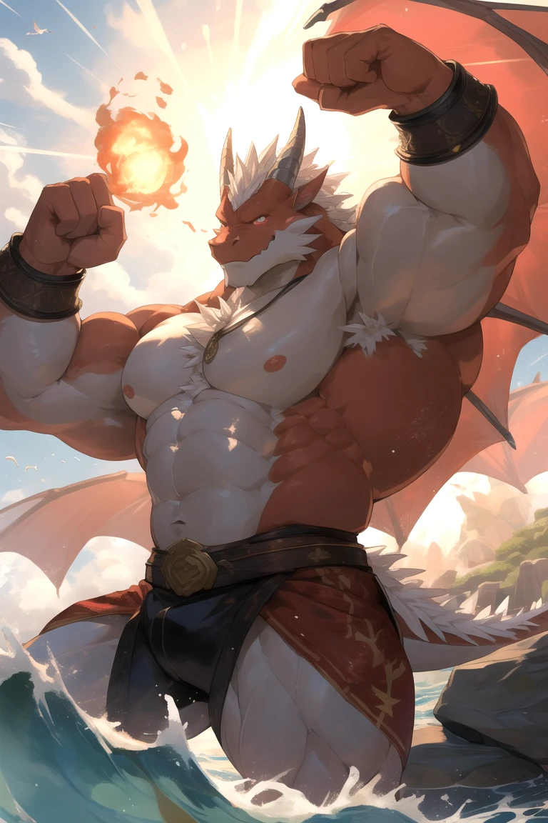 male, hairy, Chinese dragon combined with anthropomorphism, blue eyes, (Realistic eye detail 1.2), Abdominal muscles, Perfect centralization, Dreamy black and white light beams, V0id3nergy, happiness, Standing, Abstract Beauty, center, Looking at the camera, Facing the camera, Nearly perfect, Dynamic, Very detailed, seed, Clear focus, 8K, high resolution, illustration, Art work:carne griffiths 和 wadim kashin,Ride the clouds,Full of golden armor