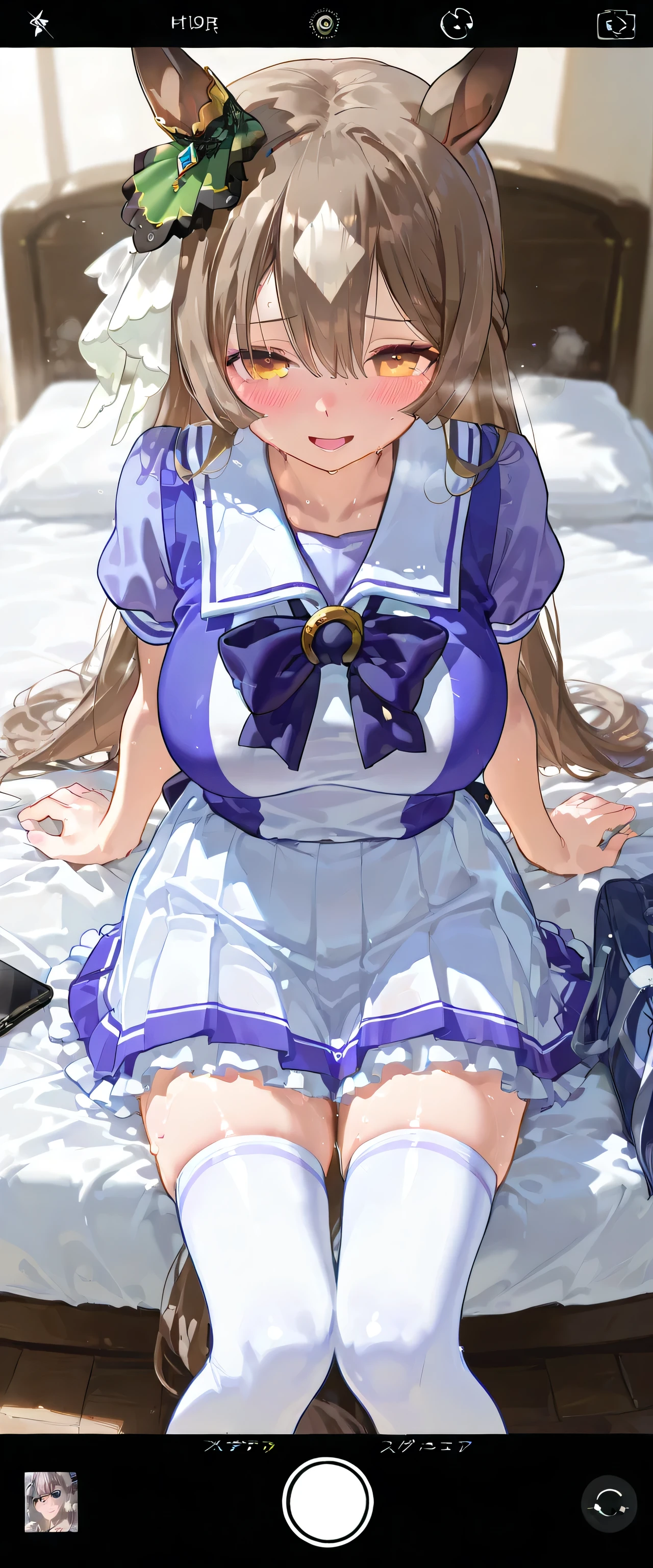 (masterpiece, finely detailed beautiful eyes: 1.2), ultra-detailed, ultra high res, professional lighting, high quality makeup, beautiful detailed eyes, Extremely cute, (extremely detailed beautiful face), (Authentic skin texture:1.4), very aesthetic, latest, scenery (delicate), Volumetric Lighting, depth of coverage, shiny skin, (dynamic angle for women, front view), (smart phone's camera frame), motel bed room, Satono Diamond \(Uma Musume\), horse ears, horse tail, (1 ultra super extremely cute junior high school student girl), (large breasts:1.1), drooping eyes, (blush:1.4), (sweat:1.2), (steam), (slender body, slender stomach:1.1), long hair, (erect nipples:0.8), (summertracen, tracen school uniform, purple shirt, purple bow, horseshoe ornament, puffy short sleeves, white skirt, white thighhighs), school bag, clothed, (from above), (shy), smile, open mouth, (sitting on bed), posing
