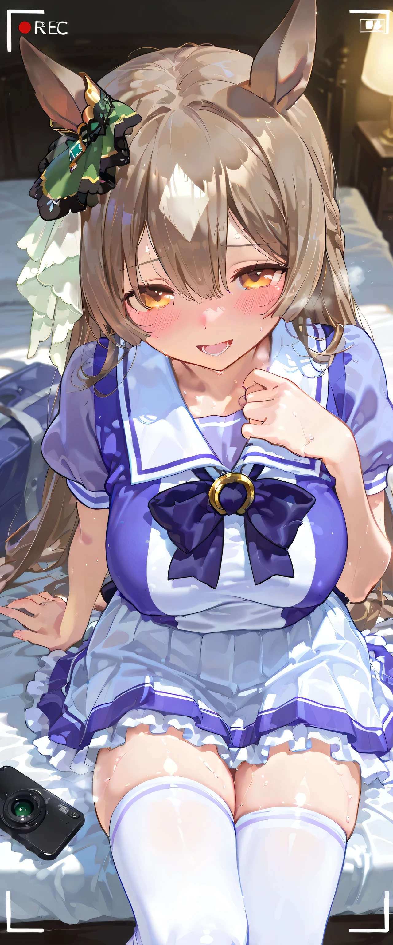 (masterpiece, finely detailed beautiful eyes: 1.2), ultra-detailed, ultra high res, professional lighting, high quality makeup, beautiful detailed eyes, Extremely cute, (extremely detailed beautiful face), (Authentic skin texture:1.4), very aesthetic, latest, scenery (delicate), Volumetric Lighting,  depth of coverage, shiny skin, (dynamic angle for women, front view), (smart phone's camera frame), motel bed room, Satono Diamond \(Uma Musume\), horse ears, horse tail, (1 ultra super extremely cute junior high school student girl), (large breasts:1.1), drooping eyes, (blush:1.4), (sweat:1.2), (steam), (slender body, slender stomach:1.1), long hair, (erect nipples:0.8), (summertracen, tracen school uniform, purple shirt, purple bow, horseshoe ornament, puffy short sleeves, white skirt, white thighhighs), school bag, clothed, (from above), (shy), smile, open mouth, (sitting on bed), posing
