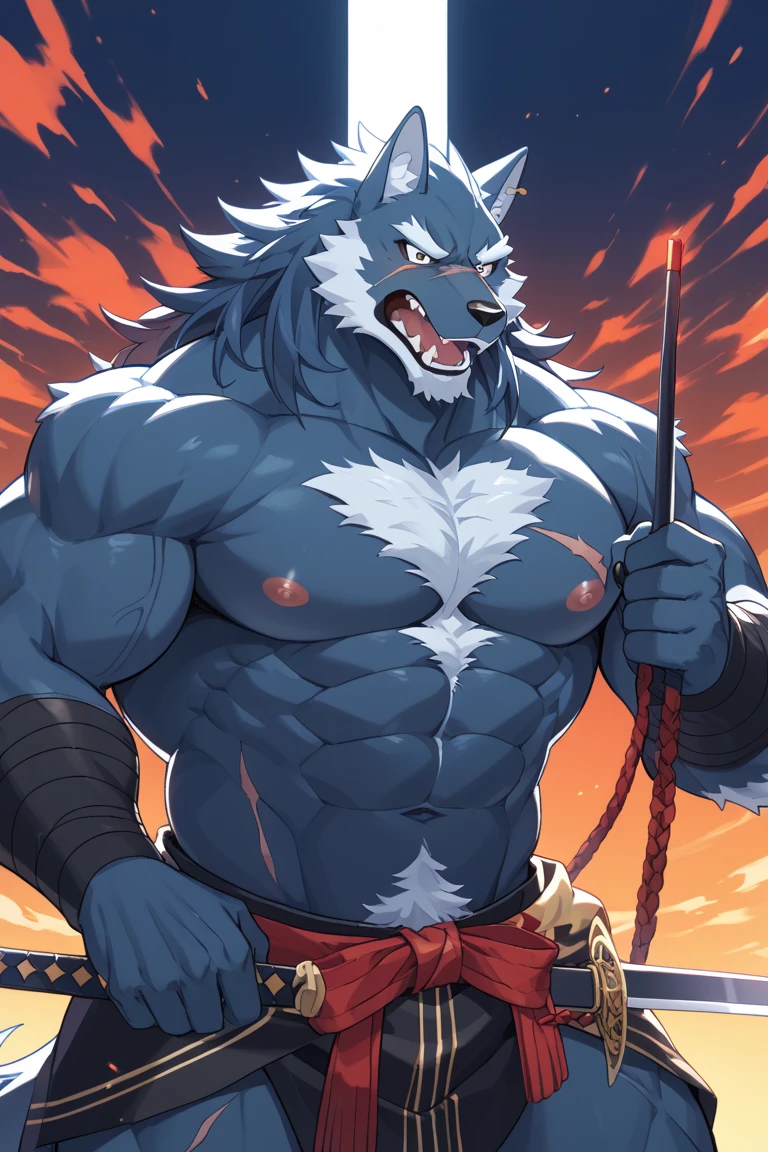 grey Wolf、long snout、silver mane、Body hair all over the body.、pubic hair、navel hair、orange eyes、A huge crotch bulge that looks like a balance ball.、Dark forest background、Big storm situation、a storm is blowing、kick stance、punch pose、Composition looking up from below、completely naked、soaked body、angry look、