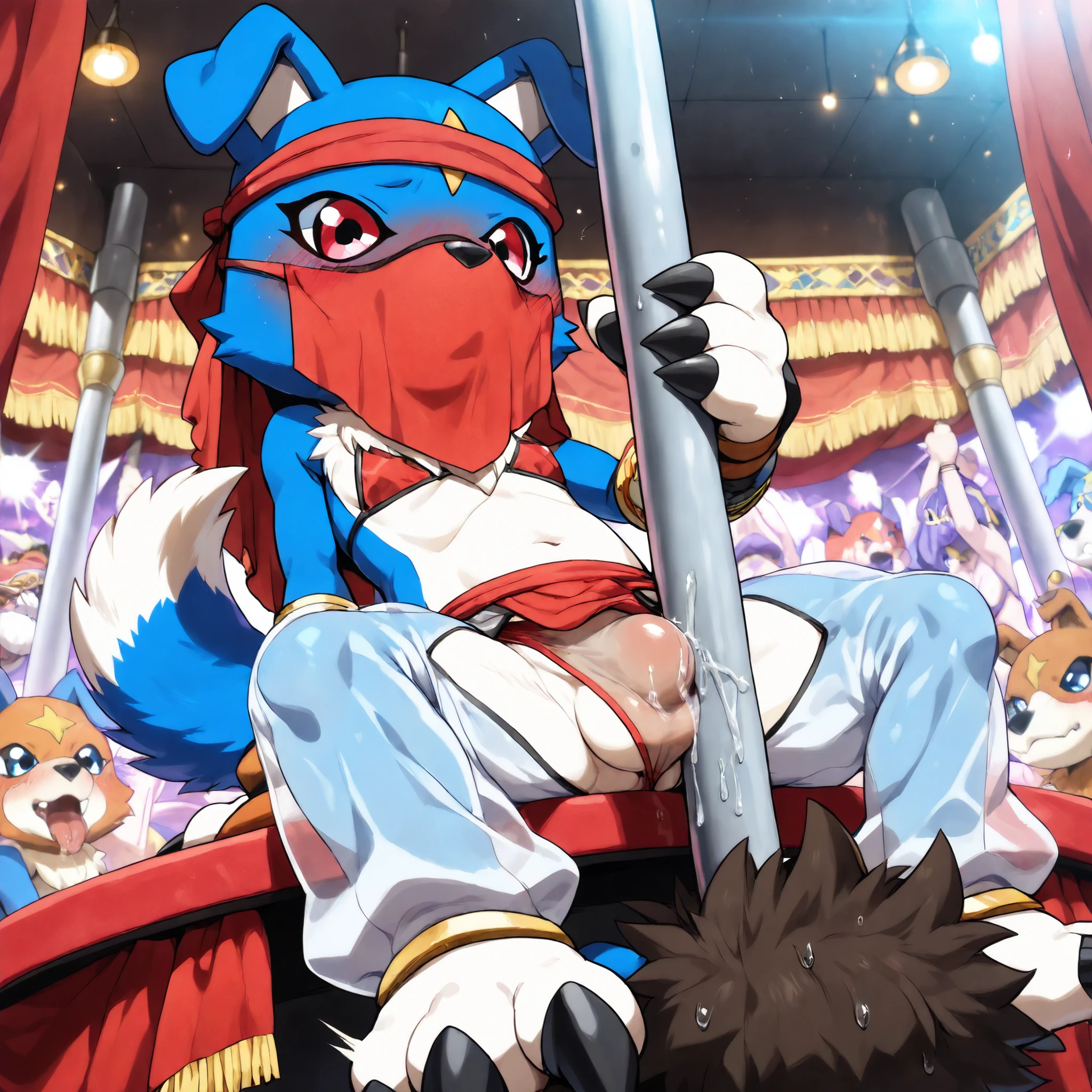 masterpiece, Super detailed, Official Art, high quality, 4K, Perfect Anatomy, High resolution, 最high quality シャドウバース, Humanity, ((((Veemon,Single,Digimon,Red eyes,Multicolored body,tail,There is only one pattern on the forehead,White,short stature,short body shape,Cute Boys,slit,Small penis,Big collar,The whole body is slippery with semen,Sweaty skin,Sweaty)))),((((Nightclub,pole dance,Rubbing his penis on a pole,Semen can be sprayed all over the body,Semen-slippery skin,Semen all over the body,Covered in semen))))