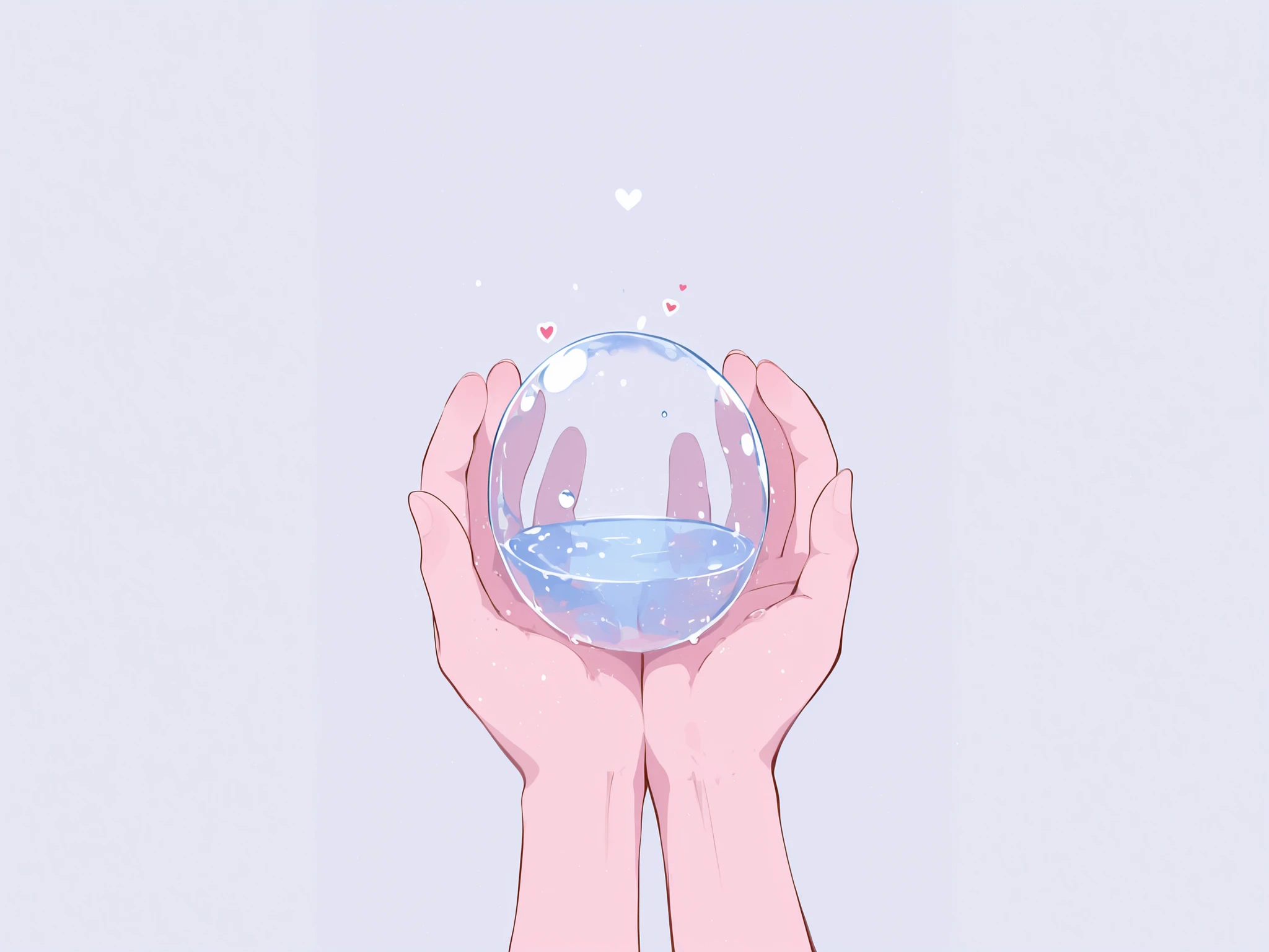 Heart-shaped transparent water droplet, River flowing through the hands. fundo branco