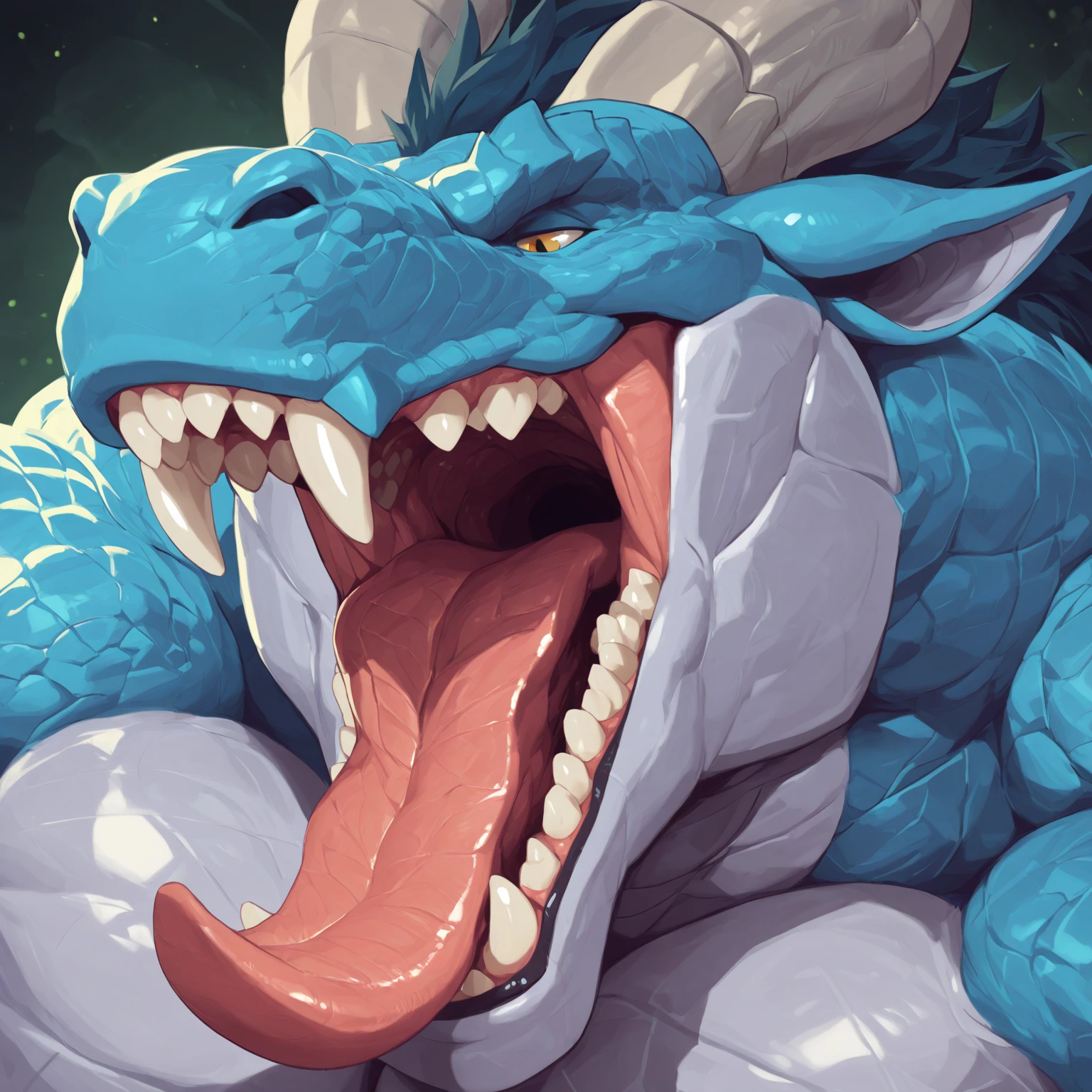 kemono, (dragon), male, score_9,score_8_up,score_7_up, best quality, masterpiece,high detailed, flaccid,a lot of cum,big detailed glans,massive cum,cum, eastern dragon, Muscular body, Big penis, Green skin, Long blonde hair, disheveled hair, long hair on side of head, Red eye, (((Thin eyebrows))), cum on face,tongue out, cry, furrowed brow,distressed,one eye closed (winking),pain