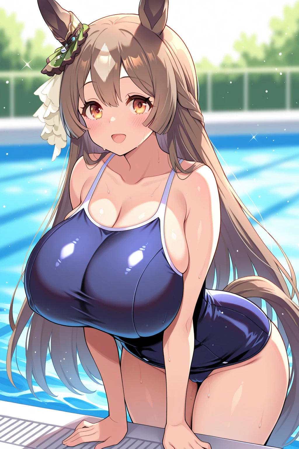 A Cute Girl, Lush Long Brown Hair, Blue Eyes, (Extremely Huge Breasts: 1.3), (((Very Wide Hips))), (Very Thicc Thighs: 1.5), At the Pool, ((Insanely Huge Breasts)), ((Insanely Thicc Thighs)),