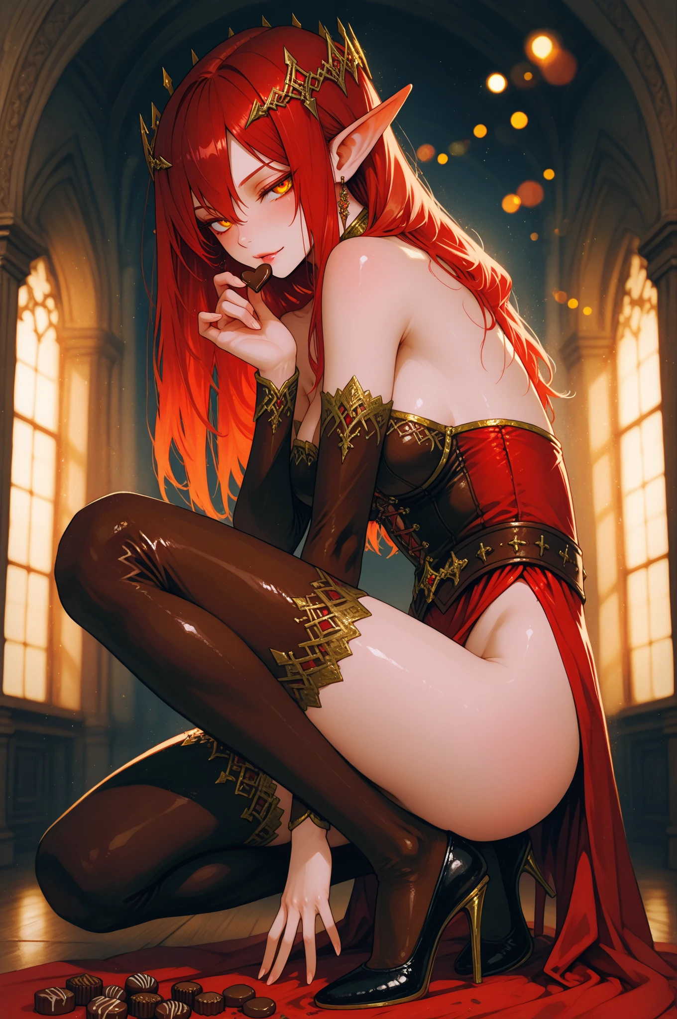 (red-crimson hair) elf ears, freckles, Adult woman, sculpted body, Super detailed hand, super detailed face, Hyper detailed body, (emerald green eyes), Big breasts, concentrated eyes, Quite detailed eyes, pale skin, Flushed face, (( in a long black Chinese dress)), Body hair longo, Body hair (connected), serious expression, Frowning eyes, partes do full body, Whole limbs, ((full body)), Gorgeous fur, A high resolution, 4K, Thin waist, small foot, role model, best quality specialist, (long black sock), good lighting, simple background, darkness background