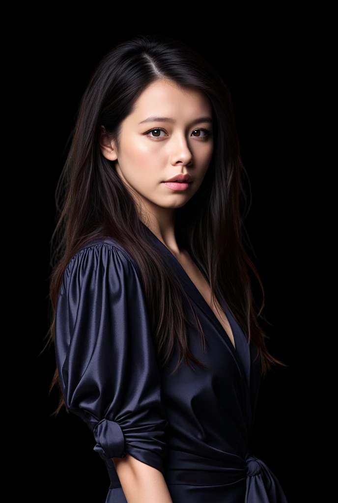 20 years old woman, (photorealistic:1.4, realistic), highly detailed CG unified 8K wallpapers, 1girl, (((thick body:0.8))), looking at viewer, (HQ skin:1.4), 8k uhd, dslr, soft lighting, high quality, film grain, Fujifilm XT3, ((upper body shot:1.2)), (((black silk collared shirt))), ((simple background, black background)), <lora:nitagunawan-V1:0.7>,