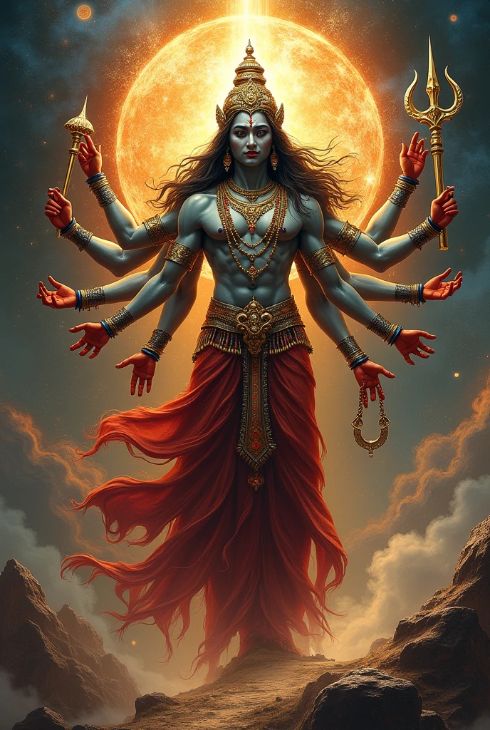 Super detailed, super realistic, hdr wallpaper, Fantastic multiple hands men god avalokitesvara, he is holding some treasures and weapons, handsome asian face