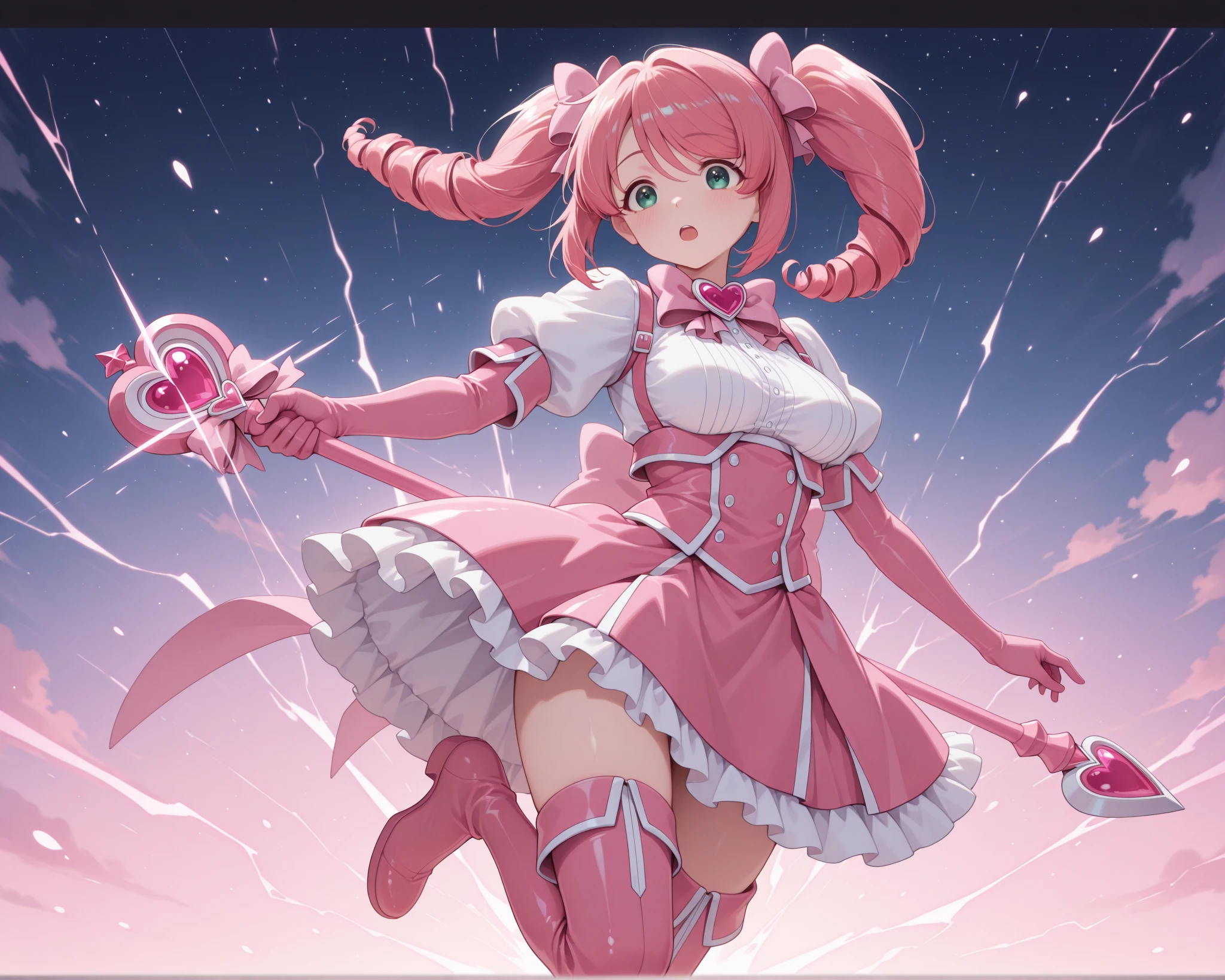 a girl on the top of a skyscraper,  looking at viewer, blush, sky, night, starry sky, galaxy, outdoors, cityscape, full body, bow \(weapon\), from back, bobby socks, 
 1girl, kaname madoka, pink hair, frilled dress, red footwear,