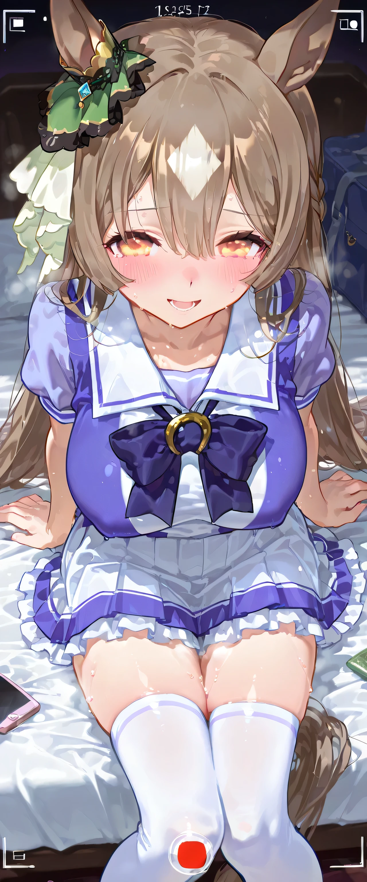 (single frame), (masterpiece, finely detailed beautiful eyes: 1.2), ultra-detailed, ultra high res, professional lighting, high quality makeup, beautiful detailed eyes, Extremely cute, (extremely detailed beautiful face), (Authentic skin texture:1.4), very aesthetic, latest, scenery (delicate), Volumetric Lighting, depth of coverage, shiny skin, (dynamic angle for women, front view), (smart phone's camera frame), motel bed room, Satono Diamond \(Uma Musume\), horse ears, horse tail, (1 ultra super extremely cute junior high school student girl), (large breasts:1.1), drooping eyes, (blush:1.4), (sweat:1.2), (steam), (slender body, slender stomach:1.1), long hair, (erect nipples:0.8), (summertracen, tracen school uniform, purple shirt, purple bow, horseshoe ornament, puffy short sleeves, white skirt, white thighhighs), school bag, clothed, (from above), (shy), smile, open mouth, (sitting on bed), posing, knees to chest