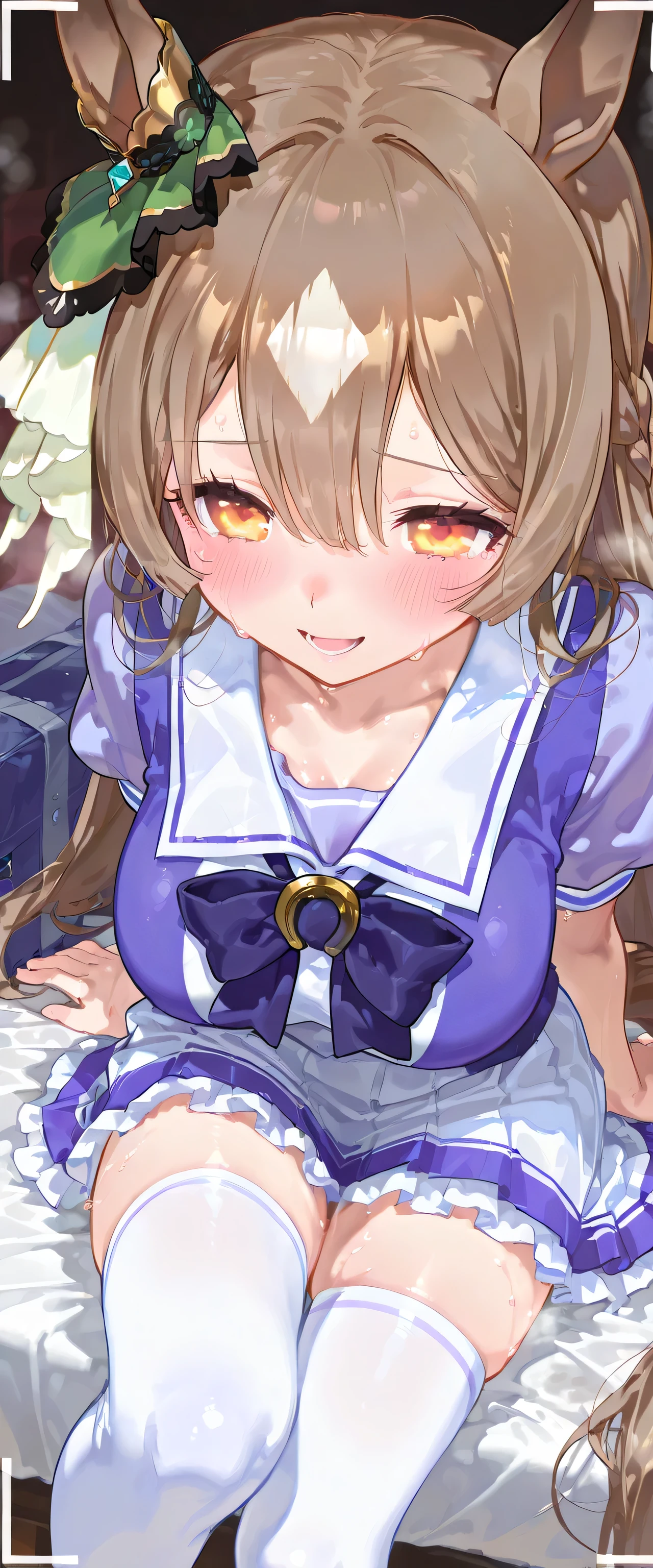 (single frame), (masterpiece, finely detailed beautiful eyes: 1.2), ultra-detailed, ultra high res, professional lighting, high quality makeup, beautiful detailed eyes, Extremely cute, (extremely detailed beautiful face), (Authentic skin texture:1.4), very aesthetic, latest, scenery (delicate), Volumetric Lighting, depth of coverage, shiny skin, (dynamic angle for women, front view), (smart phone's camera frame), motel bed room, Satono Diamond \(Uma Musume\), horse ears, horse tail, (1 ultra super extremely cute junior high school student girl), (large breasts:1.1), drooping eyes, (blush:1.4), (sweat:1.2), (steam), (slender body, slender stomach:1.1), long hair, (erect nipples:0.8), (summertracen, tracen school uniform, purple shirt, purple bow, horseshoe ornament, puffy short sleeves, white skirt, white thighhighs), school bag, clothed, (from above), (shy), smile, open mouth, (sitting on bed), posing, knees to chest