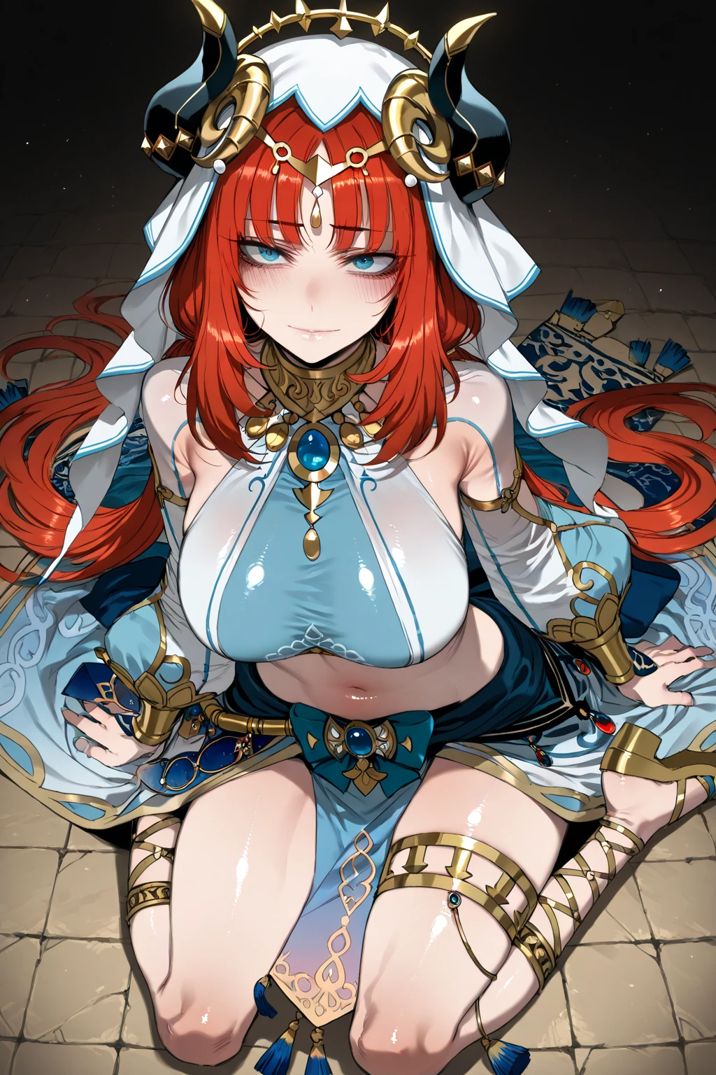 (Masterpiece), Best quality, yeux expressifs, visage parfait,W session, w assis par terre, bras entre les jambes, les deux bras entre les jambes, anime character,Impact de Genshin,femme,Nilou (Impact de Genshin),grosse poitrine, bonne poitrine,hands between legs, H-cup