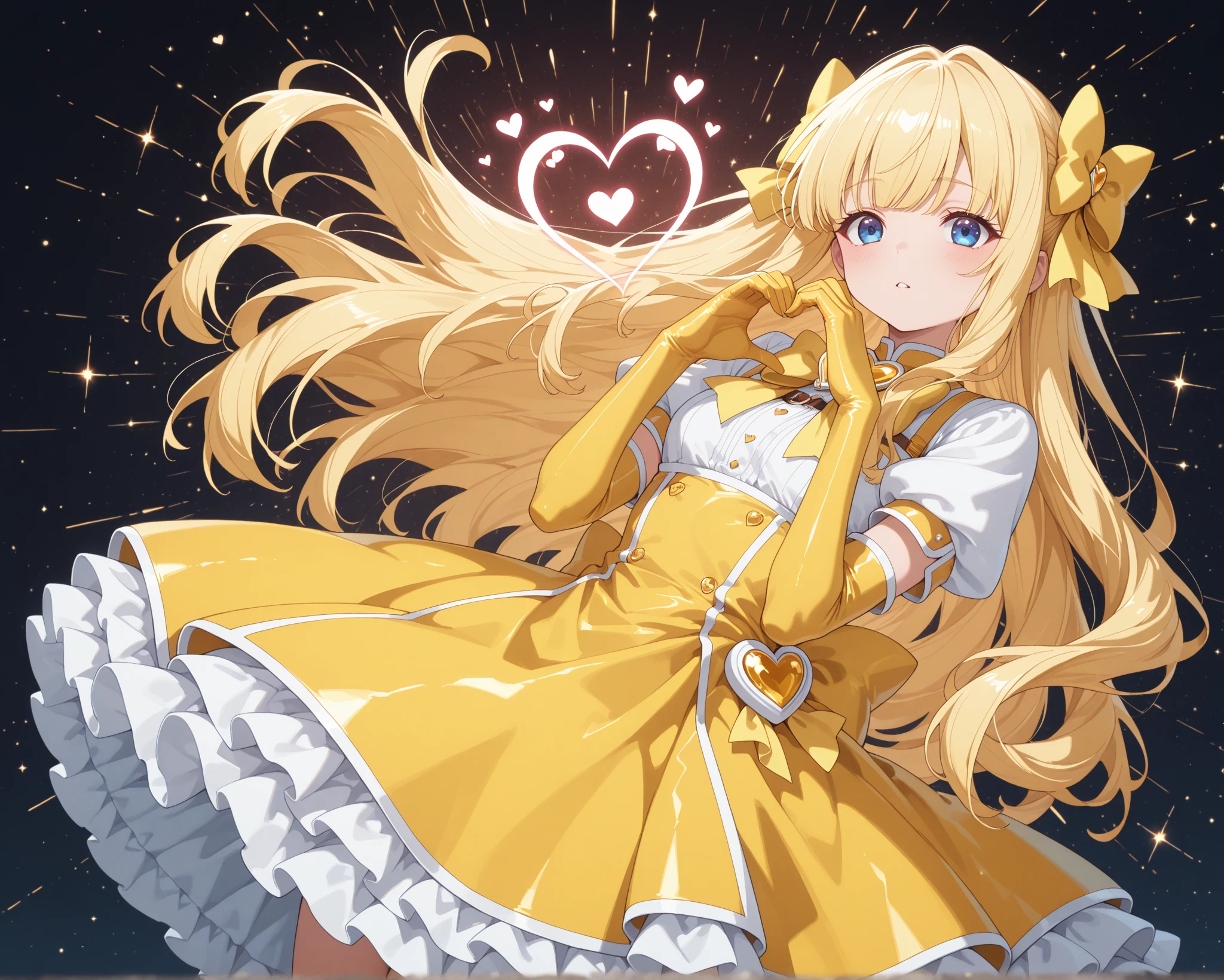 1girl, medium breasts, heart earrings, outdoors, hair bow, hair between eyes, (yellow hair:1.05),, (heart-shaped pupils:1.3401),, soldier uniform, screaming, space, outer space, planets, sun, moon, galaxy, stars, floating in space, kneeling, exceptional, best quality
BREAK
(exceptional, best aesthetic, new, newest, best quality, masterpiece, extremely detailed, anime, waifu:1.2)