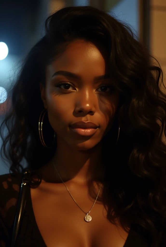 an eye contact of a Ugandan woman, (black skin:1.3), yellow spotlight, dark theme, lonely, Lavish, Matte black eyeshadow with a cut crease, metallic lipstick, golden ratio, Almond-shaped eyes, Freckles, indietronica, soft lighting, bokeh