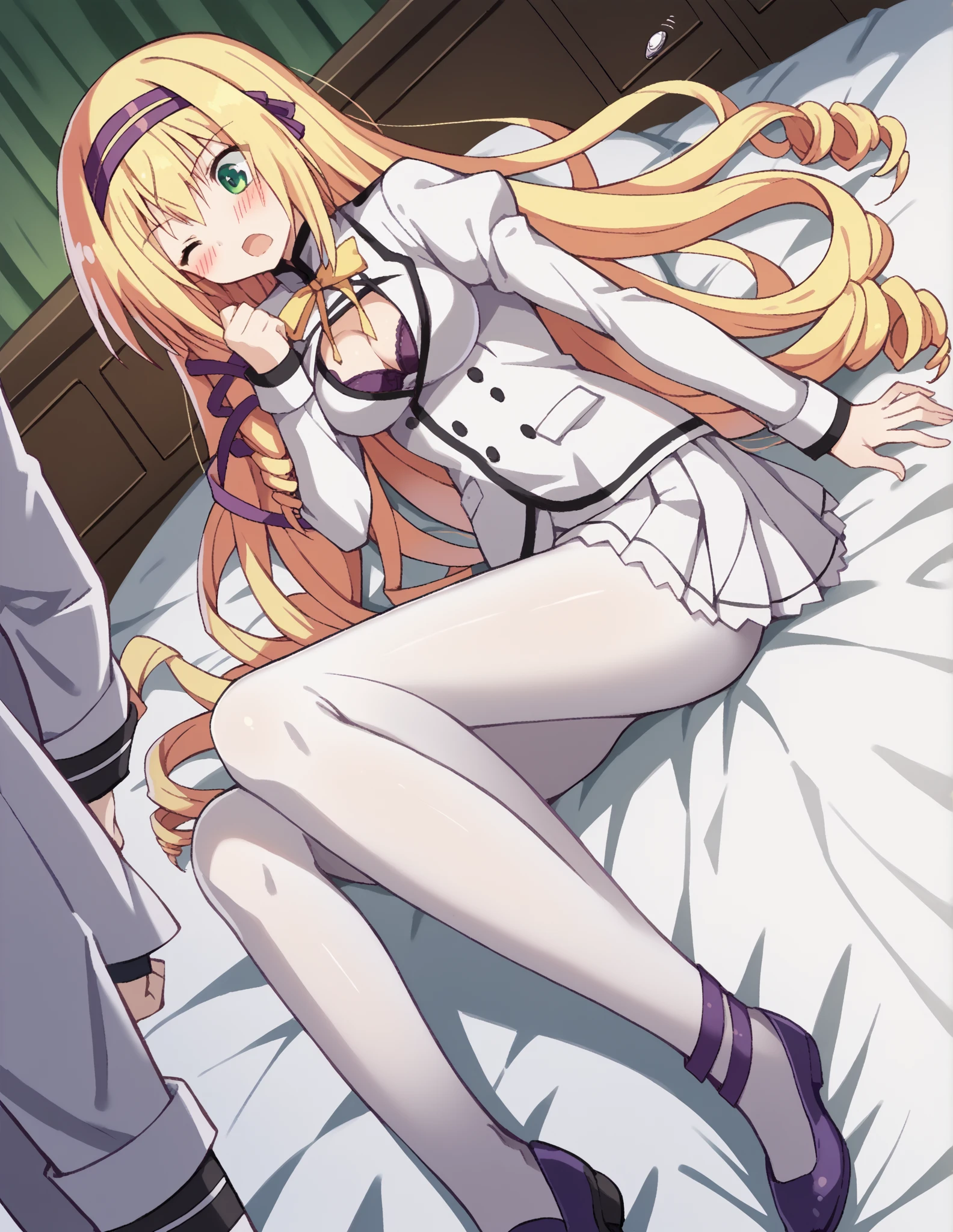 The woman is raped by naked men on a big bed and fucked so hard that a huge amount of semen comes out of her pussy.、((Highest quality)), ((masterpiece)), (detailed), （Perfect Face）、The woman is a thief with green eyes and medium-long blonde hair. She is wearing a luxurious black skirt-type suit with gold embroidery and trim, a luxurious and elegant white blouse with frills, jeweled earrings, and an engagement ring.