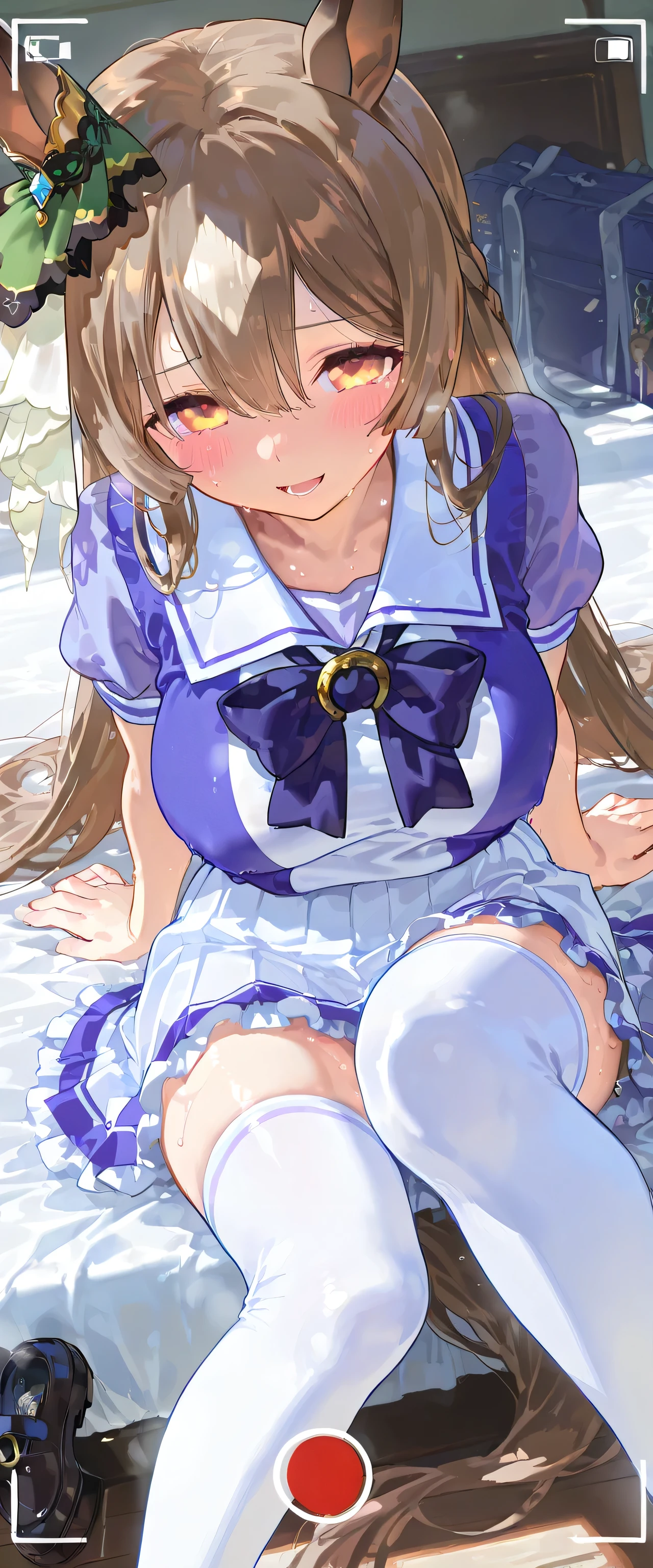 (single frame), (masterpiece, finely detailed beautiful eyes: 1.2), ultra-detailed, ultra high res, professional lighting, high quality makeup, beautiful detailed eyes, Extremely cute, (extremely detailed beautiful face), (Authentic skin texture:1.4), very aesthetic, latest, scenery (delicate), Volumetric Lighting, depth of coverage, shiny skin, (dynamic angle for women, front view), (smart phone's camera frame), motel bed room, Satono Diamond \(Uma Musume\), horse ears, horse tail, (1 ultra super extremely cute junior high school student girl), (large breasts:1.1), drooping eyes, (blush:1.4), (sweat:1.2), (steam), (slender body, slender stomach:1.1), long hair, (erect nipples:0.8), (summertracen, tracen school uniform, purple shirt, purple bow, horseshoe ornament, puffy short sleeves, white skirt, white thighhighs), school bag, clothed, (from above), (shy), smile, open mouth, (sitting on bed), posing, knees to chest