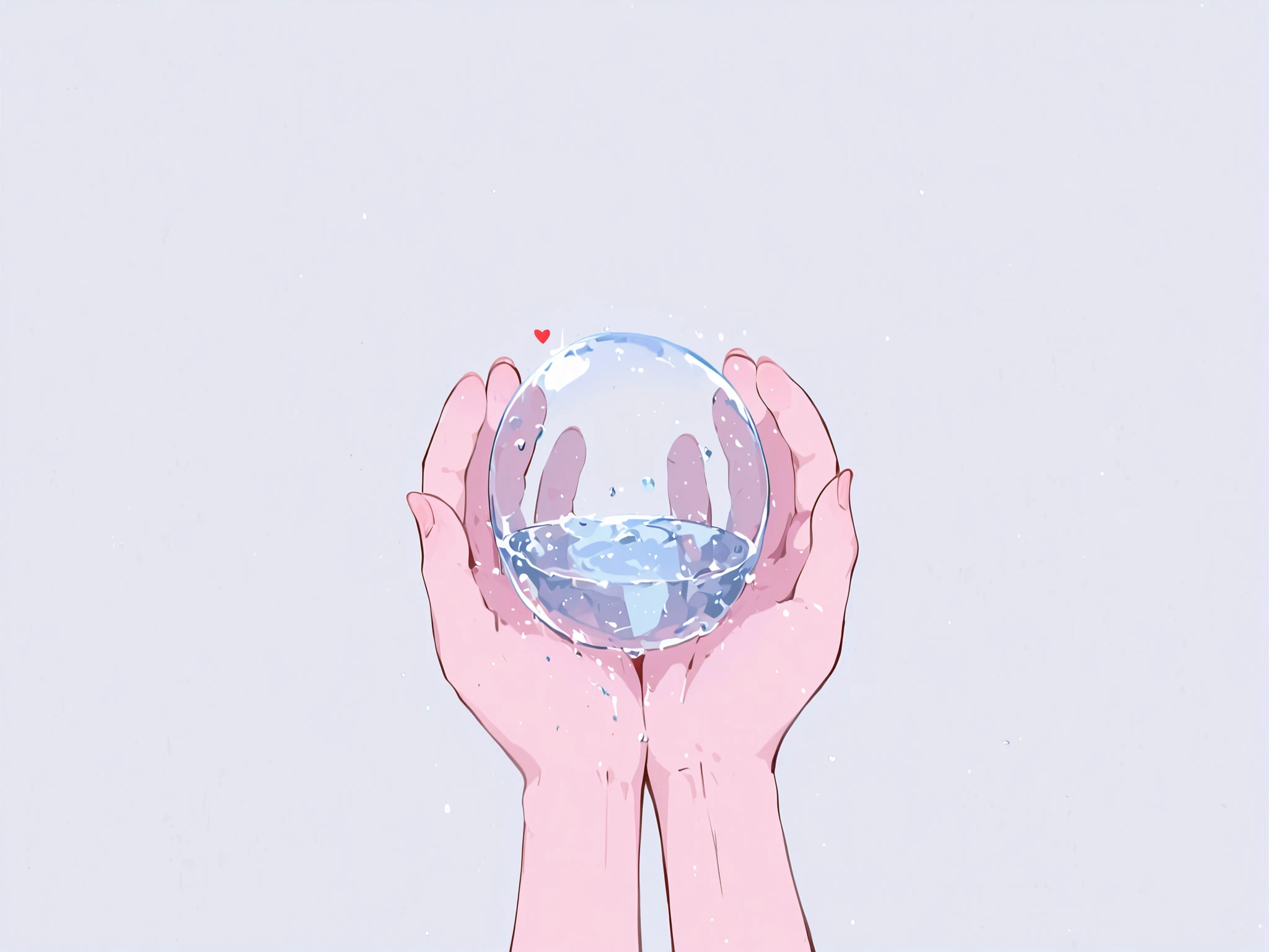 Heart-shaped transparent water droplet, River flowing through the hands. fundo branco