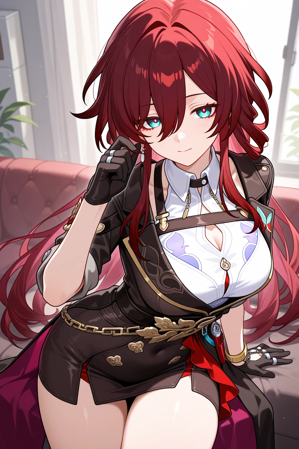 A seductive and confident mature woman with fiery red hair, adorned in a sleek black cloak and a stunning black royal crown.