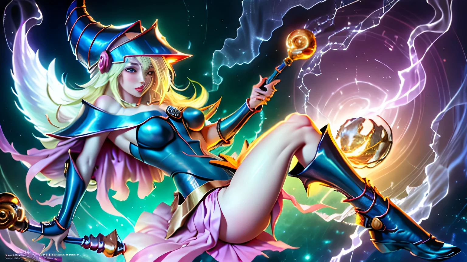 luminiscencia , Dark Wizard Witch Girl Erotic Fantasy , Cara perfecta, Fantasy beautiful body, Symphony Large Lace Classic Skirt ,near perfection, Forma pura, simplicidad,arte conceptual,Detalles complejos, Belleza abstracta, amor feliz,caliente,luz suave,Colorful background of the symphony ,Seductive fantasy relationship. Dark Erotic Magician Brira Girl