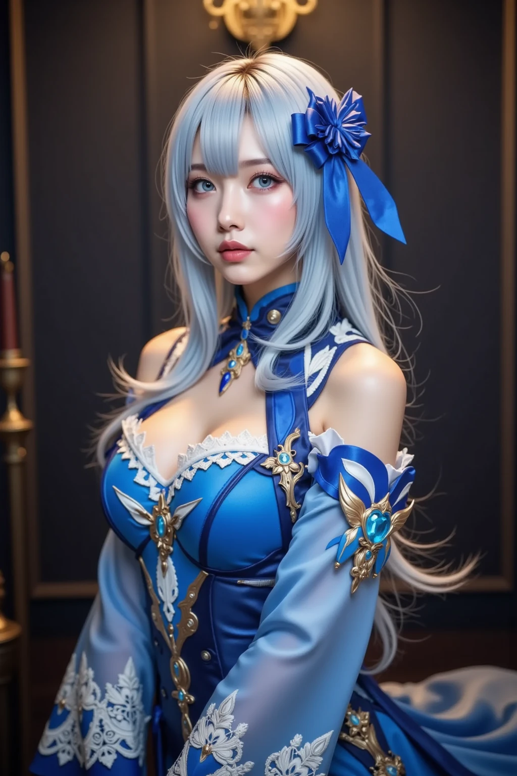 (masterpiece), (best quality:1.0), (ultra highres:1.0), (photorealistic:1.4), 1girl, (blunt bangs:1.4), ((focus face)),Blue eyes,extremely detailed face, extremely detailed eyes, blue cheongsam, Blue stockings, Blue hair,Long hair, double ponytail, braids,smile, solo focus, looking at viewer, detailed beautiful skin, (perfect lighting), night, bedroom