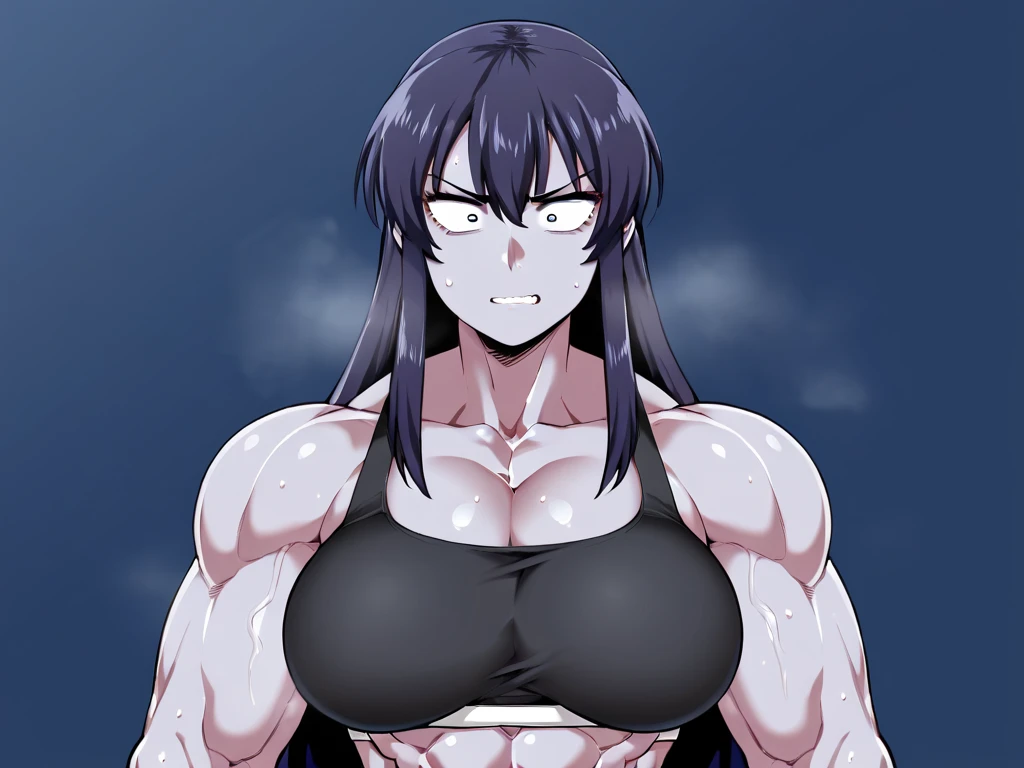 girl ((muscular)) huge breasts toned body black hair yellow eyes very long hair solo pale skin sad frown