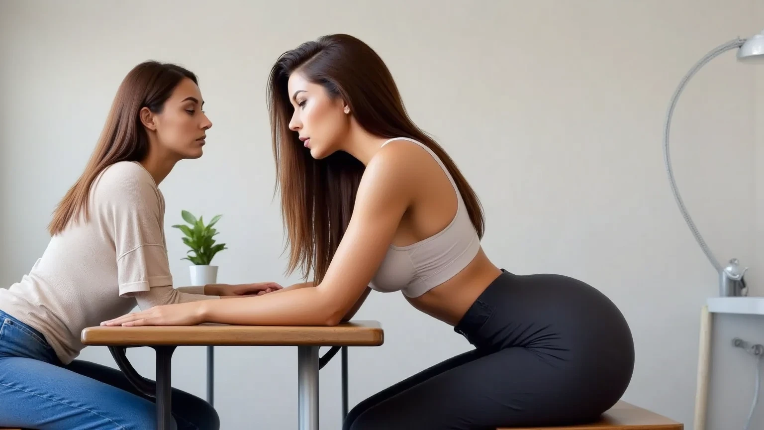(1girl:1.9), An 18-year-old girl, (Long flowing straight Black Hair:1.5), Olive Skin, detailed skin, long legs, (slim tall slender fit-muscled body:1.4), defined abs, business-style (red dress:1.5), (looking directly at the viewer:1.1), cinematic shot in 8k HDR, emphasizing elegance and professionalism, working (alone:1.9) confidently, a modern office, red walls, office desk, office chair, laptop, computer, monitor, potted plant, minimalist, clean, simple, sunlight, window, warm lighting, professional