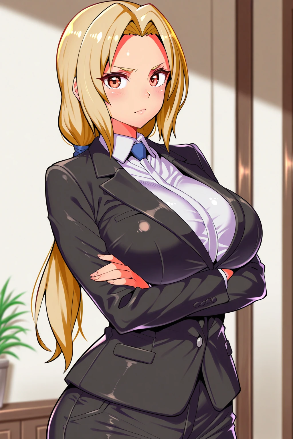 portrait, solo focus, solo, looking at viewer, (parted lips:1.2), (sunlight, bright, sunshine:1.2),((tsunade)), 1 girl,((tsunade milf physique)),(mark on forehead ), long hair, blonde hair, eyes, smile, from front,huge breast huge pelvis thick thighs,((clear details High definition body parts perfect body parts )),(((blush lush blush nose blush blush face ))),(sad expression),((1 girl)),(solo),((front view)),((long distance between viewer)),((standing)),((blue pajama:1.5)),((deep cleavage exposing breast)), (blue pajama:1.5), slim waist, curvy figure, arms behind back, cutout_cleavage,((office background:1.5))