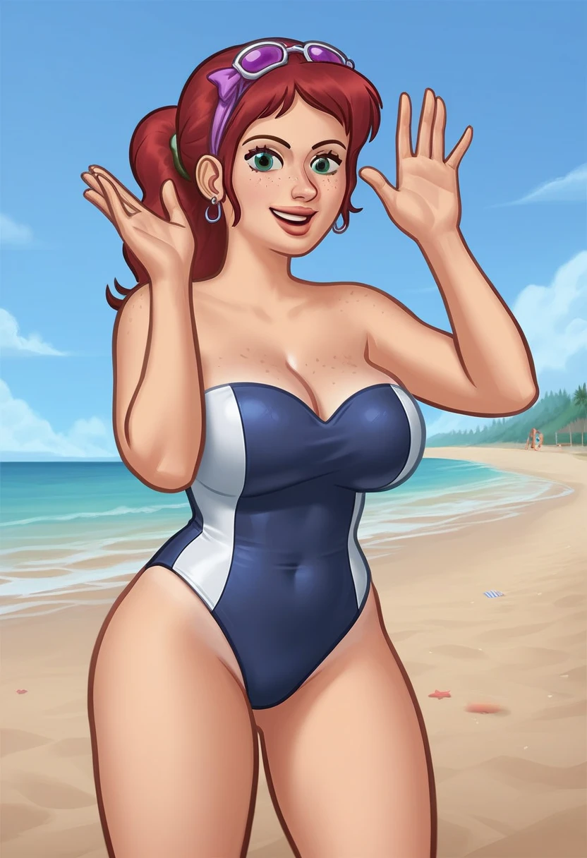 beautiful, (masterpiece:1.2), (best quality:1.2), Nami from One Piece, full body portrait, perfect eyes, perfect face, perfect lighting, 1girl, ass, back, bare breasts, back boob, blue high heels, shoes visible, baseball cap, blue panties, breasts, red hair, thong, facing away, from behind, hat, high leg, high leg panties, long hair, median furrow, large breasts, panties, ponytail, side boob, simple background, solo, thighs, thong, underwear, field, grass, walkway, huge ass, wide hips, arms at side