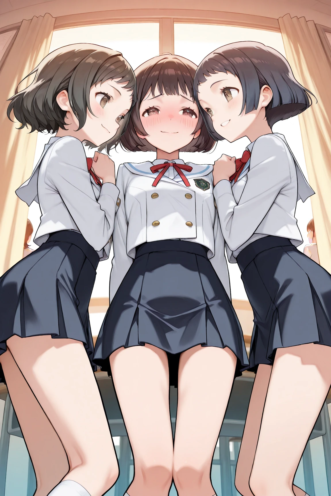 2 women, 18 years, anime, short black hair and short red hair, schoolchildren, school, in front of the class, shy, submissive, blushing, barefoot, no panties, foot fetish, legs up