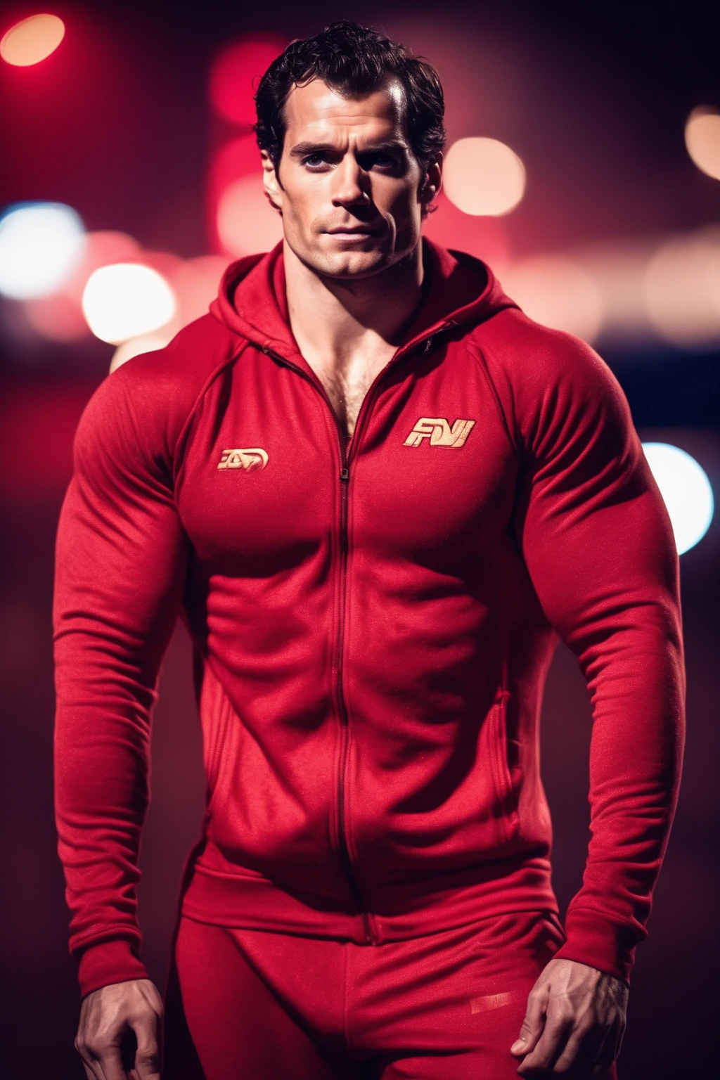 photo of muscular bearded (man) in a worn ((skin-revealing skimpy erotic red tracksuit, massive hairy pecs)), big pecs, big arms, large bulge, ((light bokeh)), intricate, (steel metal [rust]), elegant, erotic, exuding sexual energy, homoerotic, sharp focus, photo by greg rutkowski, soft lighting, vibrant colors, (masterpiece), ((streets)), (detailed face), looking at viewer, light smile,