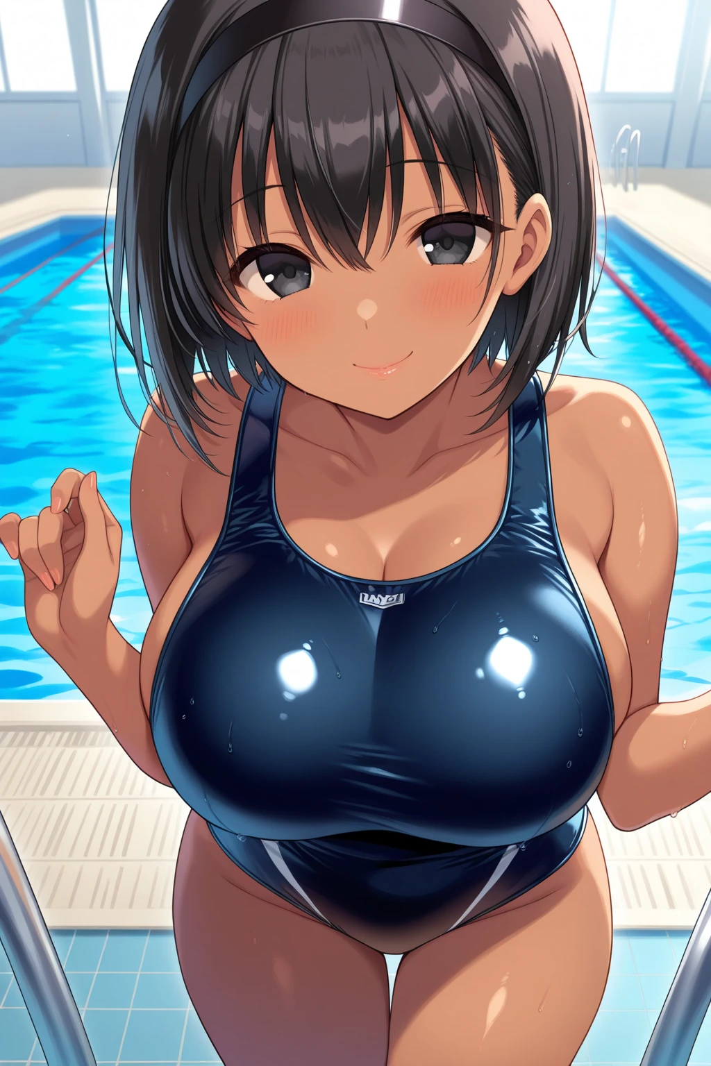 (masterpiece, highest quality, super detailed) ,, (pointed chest), short hair, black hair, ,big breasts,  protruding chest, (huge breasts:1.2), raised, Wet , Sweat, , beautiful face, Big eyes, cute, cute, fog, , ,(Old School Swimsuit:1.3), , at the pool, Poolside,), (latex:0.2), slim, , (from side:1.5), cameltoe, Realistic swimwear, (anime:1.2), 