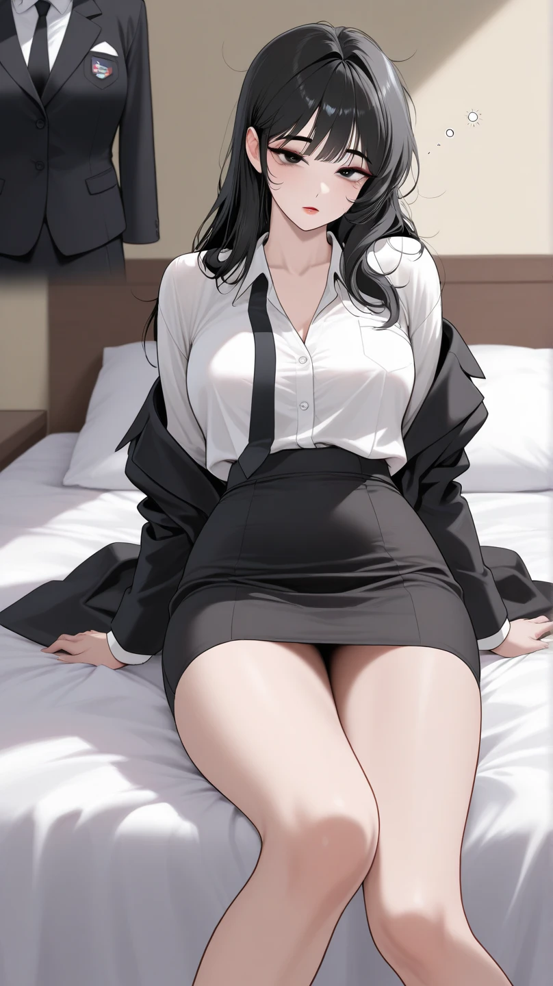 ((super high quality,Ultra-high resolution,4K,8k,super masterpiece,Ultra HD ,Detailed shading)),Full body photo,Angle from a high ceiling,Lying in bed,A seductive mother and a man,popped collar White shirts,Tight collar,Long sleeve,BLACK Pencil Skirt,Black Hair,Penis insertion,Sex,Glasses,Place your hands behind your head,足を広げてSex,Ahegao,blush,Sweaty,semen,Drooling,Pearl Earrings,Pearl Necklace,Man behind
