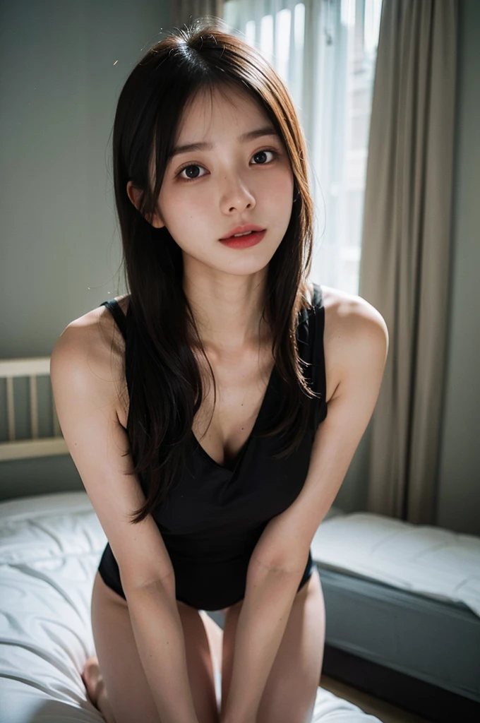 zydG, 1girl in, Ultra detailed skin, View, Brown eyes, (Short shoulder-length hair and bangs: 1.2), (Photorealistic: 1.4), (Best Quality: 2.0), (Ultra High Resolution: 1.0), 8K, Raw photography, (masutepiece: 1.5), (pureerosface_v1:1.5), Red underwear。Glossy lingerie, shiny, Slippery, Exposed, cleavage, Big eyes, Big breasts, (radiant lips: 1.0), shiny lips, Plump lips, Dynamic lighting, Bedroom, Shiny skin, Glowing skin, Shiny skin, , drooing eyes, Black eyeshadow, Glossy lipstick, Shiny skin, Oil, Beautiful thighs, Beautiful legs, White beautiful skin
