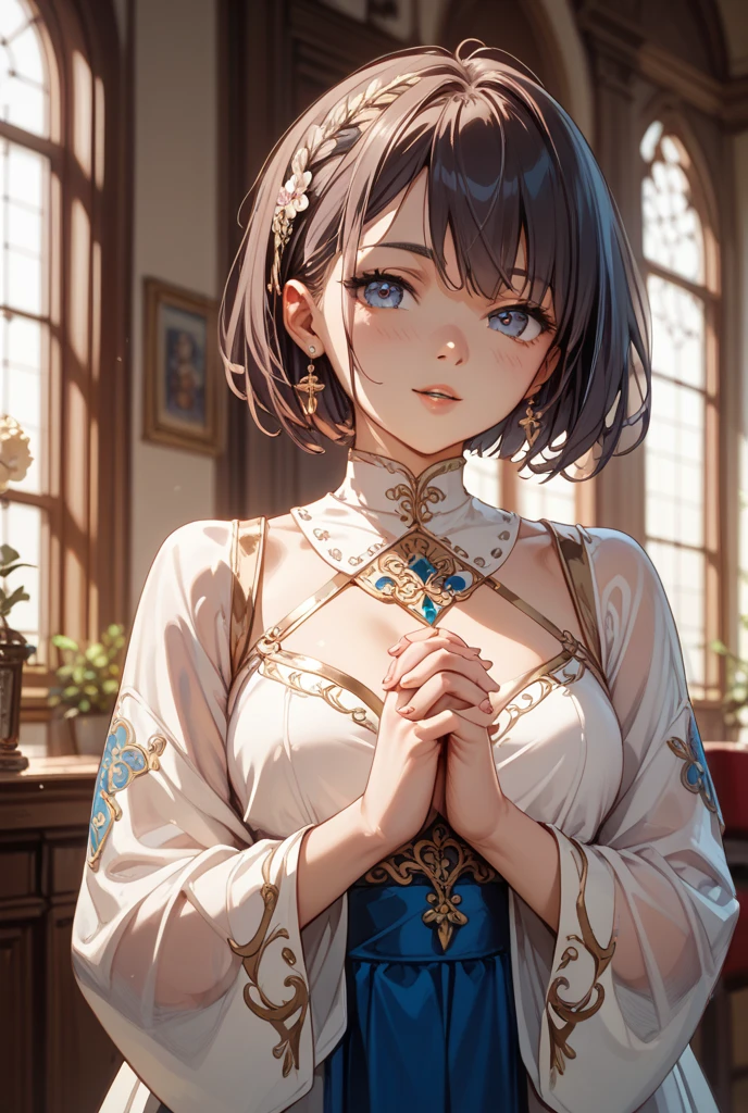 ((masterpiece, best quality, ultra-detailed, high resolution, extremely detailed CG, super detailed, Most beautiful clean lighting)), 1girl, small girl, under 12, cute girl, pretty face, smile, white skin, Beautiful black hair, hair cut in a row, bob cut, straight hair, black eyes, kawaii, slender, small build, kawaii, little body, divine garment, fantastic landscape, ultimate beauty