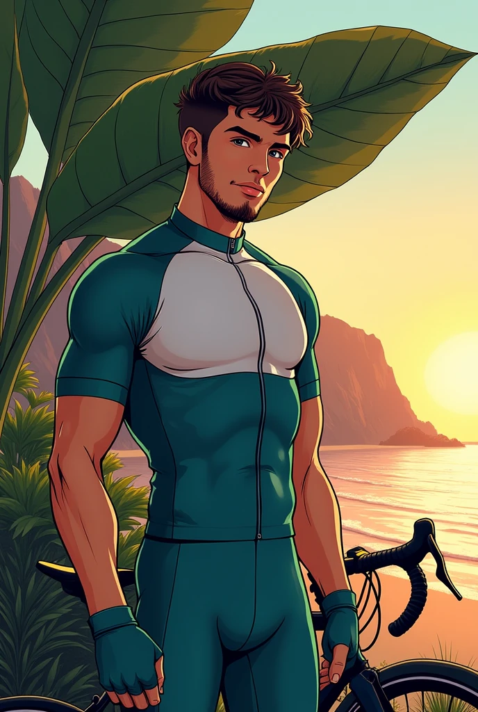 there is a man in a transparent tight seethrough wet olive-green thong only highlighting revealing his big butts bum standing in front of a bush which bloom white flowers, in the tropical jungle, among tropical plants and bushes, shirtless, handsome face with detailed facial features, correct accurate male anatomy and correct finger numbers realistic, very short hair, masculine stocky chubby body, big super pecs with big erect pink nipple, big biceps, big deltoid, thick thicc thighs, flawless white skin, wet waxy oiled skin erotic look, mega muscles, big boy, seducing pose, his right is hanging, his left hand is holding white flower, back focus photography, stormy nearly raining black dark sky and clouds background, viewer is at his right side, he is proudly showing his curves of big booty, professional DSLR shoot and retouch, shadow, highlight, sharpness, depth of field, masterpiece, complete body view, viewer looking,