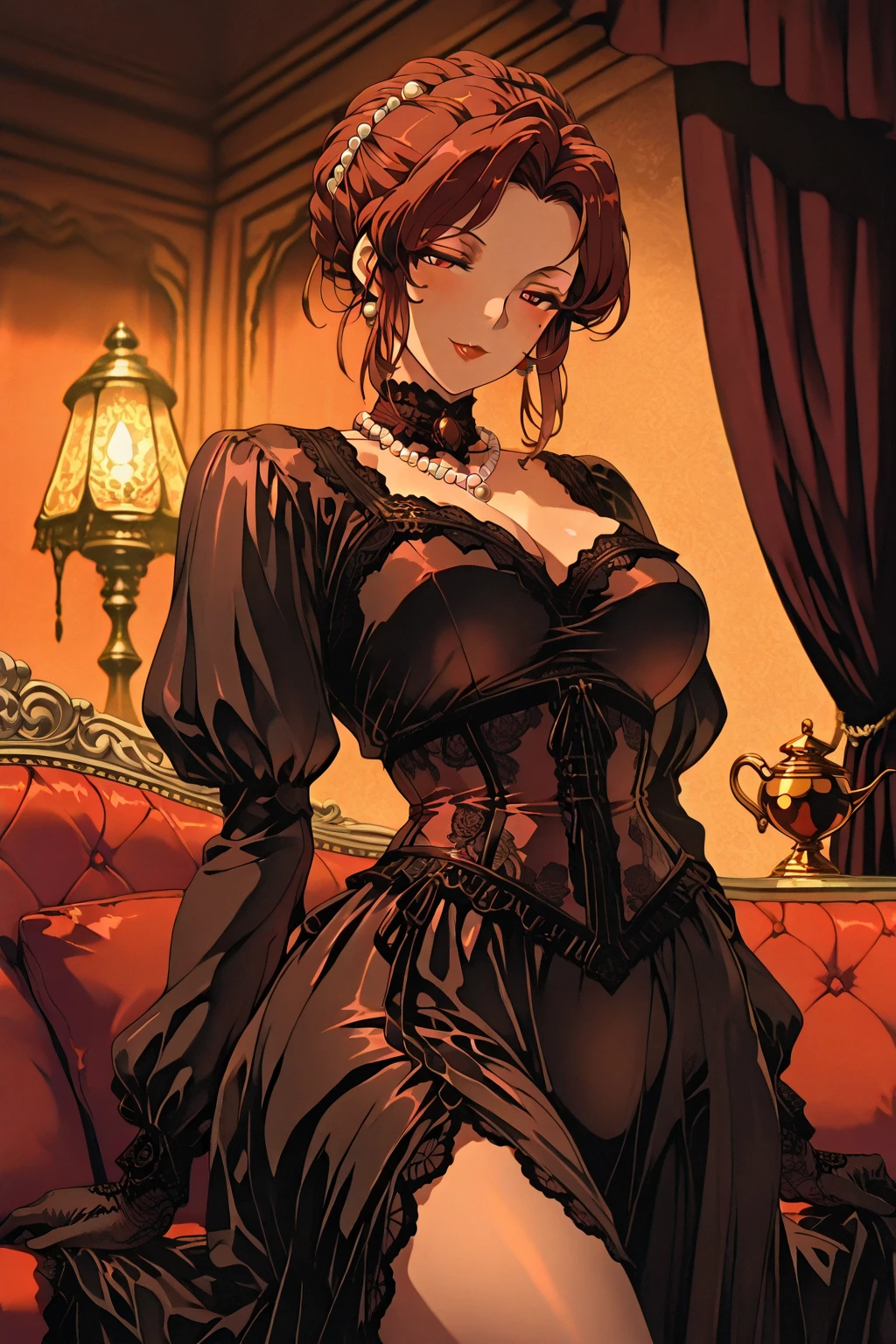 (((Highest quality))),(((High resolution))),((Correct Anatomy)),((Maid服)),(((Long Hair))),(((Highest quality))),(((Maid))),((((Black panties)))), ((Black Pantyhose)),((Pleated skirt)),((Fancy Lingerie)),((Black knee-high stockings)),((A shy smile)),(((Mature MILF)))、(One mature woman)、((Long Hair))、((ponytail))、I could see the whole body, Soft Breasts, Dynamic Angle, Perfect body, ((Earrings、necklace,Pleated skirt)),Large sofa