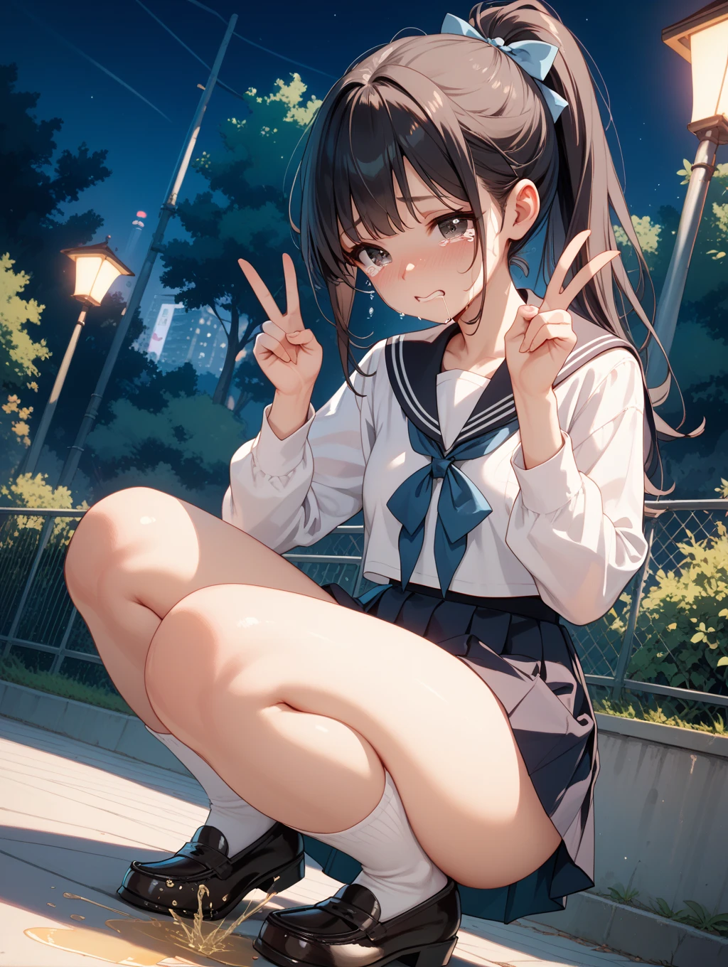 very cute and beautiful girl,(Very detailed美しい顔), (smile),blush,Black Hair,Seraphim,(White shirt、Pleated navy blue legs),Sitting、(From below),(Lacy white panties), Stairs in the park、Distant Tree々and the city, (Highest quality,masterpiece:1.0),Absurd,High resolution,Very detailedな,Very detailed,32K,8k resolution, Intricate details,Movie Scenes,Detailed Background,alone,Dynamic Angle,