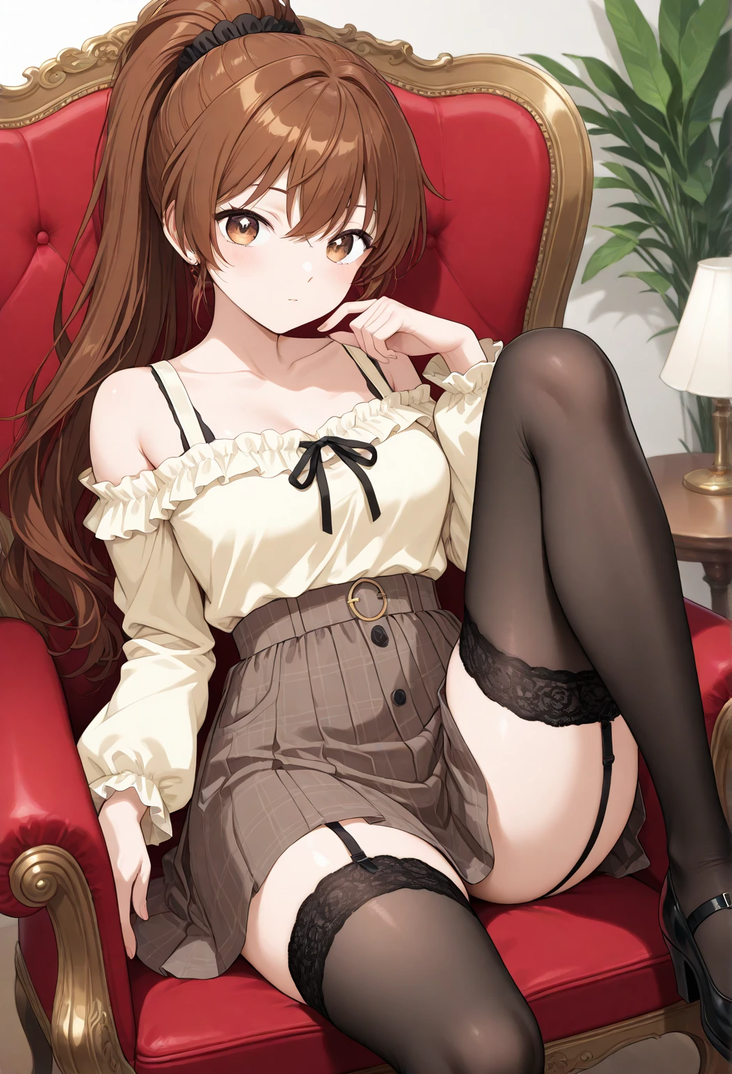 (masterpiece:1.3), highres,best quality,official art,1girl,nsfw, cat ears,pink choker,fishnet tights,medium brown hair,bob cut,green eyes, smiling, brown pubic hair,medium breasts,spread legs, sitting,