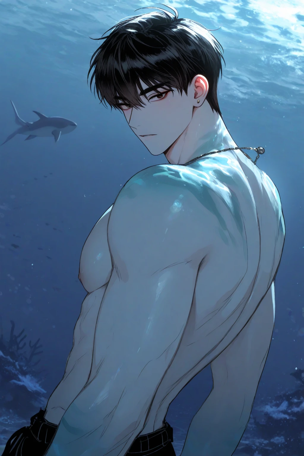 A young, beautiful, pretty, very handsome, giant and muscular korean merman, No beard, realistic, masterpiece, high-quality, in the ocean, with some bubbles, a teenager, a student, black hair, gold eyes, big muscular chests, big muscular arms, a pitch-black fin