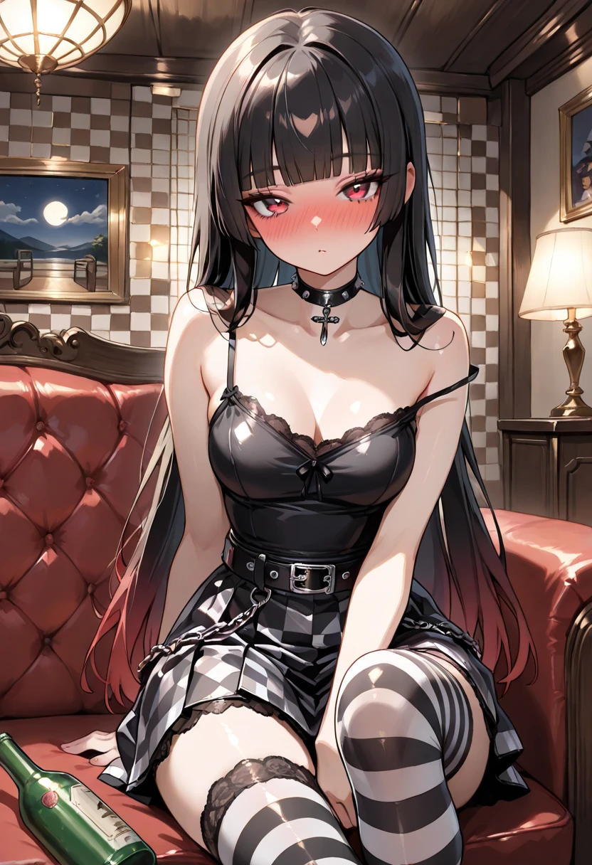 black dress, 1girl, breasts, solo, , red eyes, black hair, gold hairband, gloves, large breasts, black thighhighs, boots, fingerless gloves, hairband, cleavage, hair ornament, black gloves, flower, hair flower, knife, full body,, thigh boots, , sidelocks, sitting, rose, earrings, long hair, looking at viewer, black footwear, chair, bangs, blush, closed mouth, gold earrings, high heel boots,, indoors,from above, <lora:YorBlackDress:0.8>,