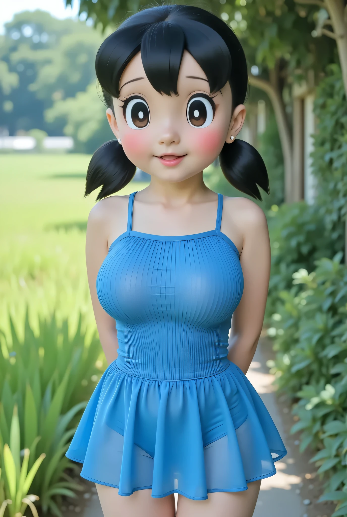 Visible female panties, front posing, ("Facial expression in Happy big ORGASM EXPRESSION"), Both hands lying behind the back, (photorealistic:1.6)  background rice paddy. daytime atmosphere, (((please don't showing any finger!!!))), (BARING DIATAS TIGA HUGE TEDDY BEAR)), hands behind back,  Look from the front you are stupid!, wearing Fully transparent bright blue pleated print unbuttoned corduroy tight strapless dress. (blink pink eyeshadow & pink eyeliner) PLEASE DON'T PUT ANYTHING ROPE AT MY CLOTHES!!!. BOTH HANDS PLACED BEHIND THE BACK , SILFOE PHOTO. BIMBO LIPS, black hair bang style long straight and transparent pussy. 老人が後ろから私の胸を抱きしめた?