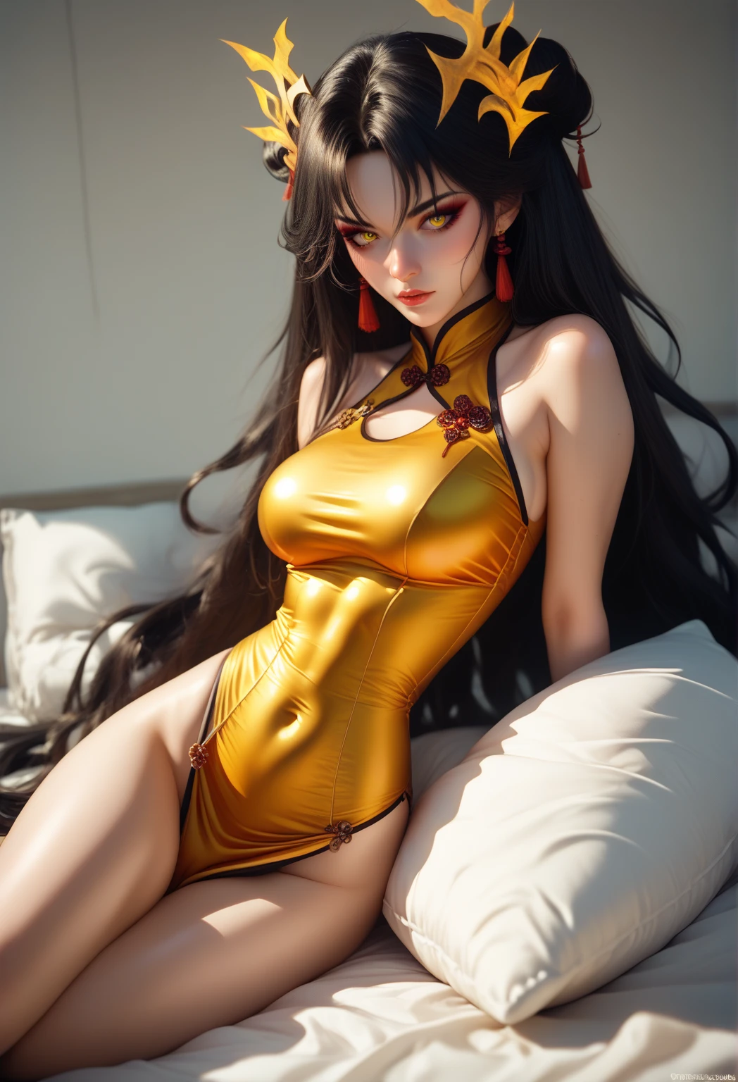 Alafed asian woman with long black hair sitting on bed, Enchanting anime girl, anime girl Cosplay, Japanese Goddess, Captivating portrait of Tifa Lockhart, Anime characters; Full Body Art, Anime girl crouching, Tohsaka Rin, Cosplay, Trending on cgstation, nezuko-chan, Anime Goddess, Trending on cgstation