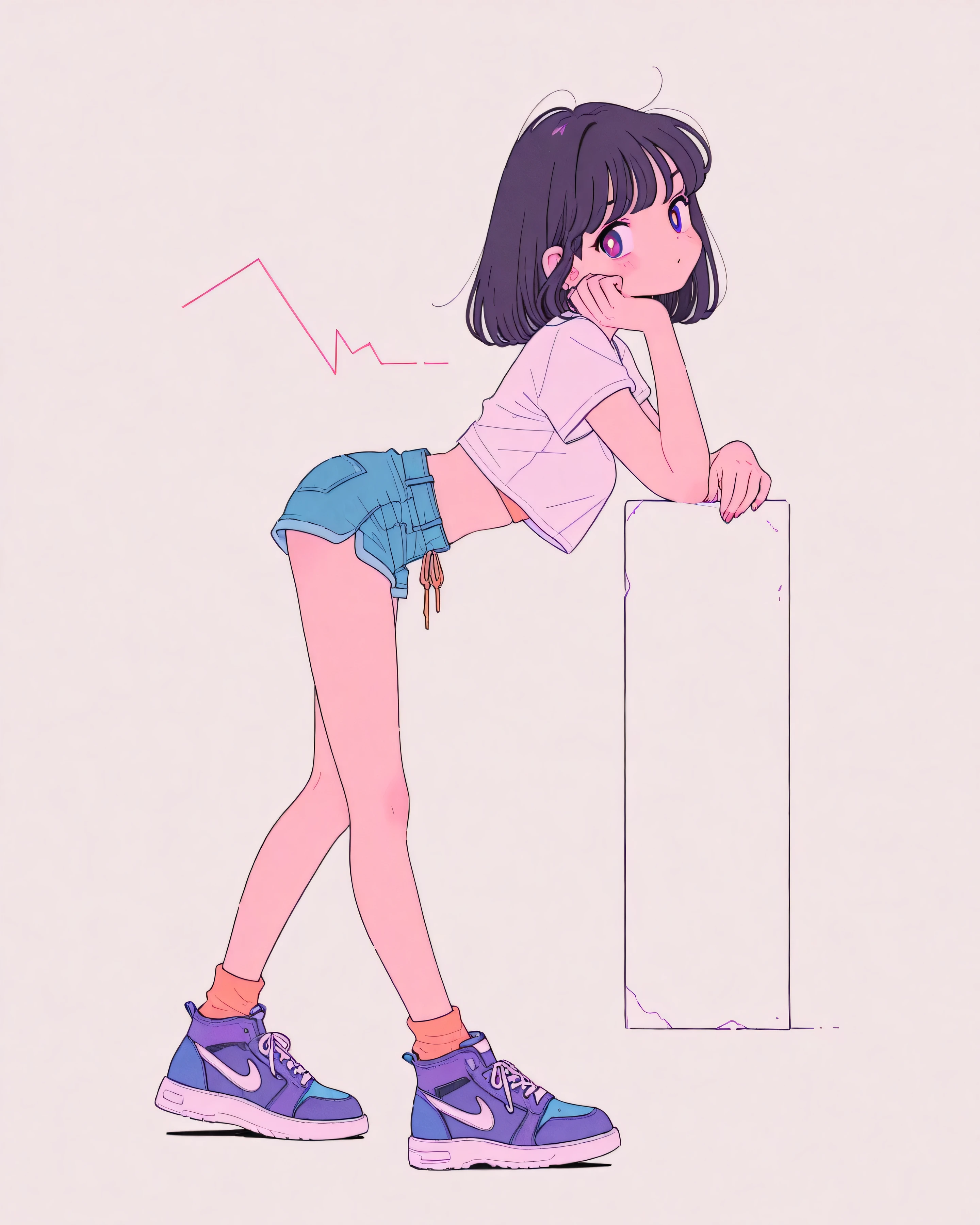 Decisive Pose, Double Hair Buns, Blunt bangs, Looking back, Looking at the camera, Hip close-up shot, fullllbody, Zombie Girl, Wear sneakers, Leopard print clothes, Short skirt, Brown skin, neon light