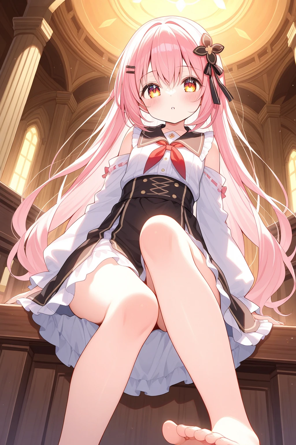 Girl with pink hair, long twin-tail hairstyle,((small bushy eyebrows)),, dressed in gothic wedding dress, lolita clothing, lolicon , (in a church full of people), flirtatious smile, suddenly having sex in public, ((squinted eyes, red cheeks and drooling)) hands on belly, force the groom to have sex at the altar, wearing a wedding dress, 1 boy crying behind her