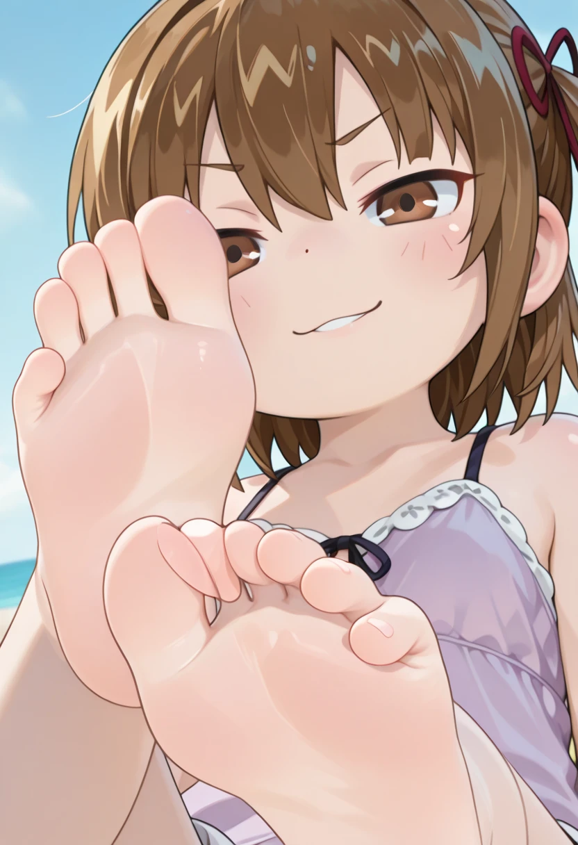 (((masterpiece))), Shizuka Mikazuki, 1 girl, alone, looking at the viewer, short hair, brown hair, medium breasts, closed mouth, {{beach}},{{whole body}},{{toes}},((beachで)),beautiful breasts、{{Naked}}, whole bodyボディー, (spread legs),(((genital hair))),{{{female masturbation}}}, NSFW, Naked, Pussy, ecstasy, Make yourself a toy, dildo,(((pubic hair))),(((With a smile))